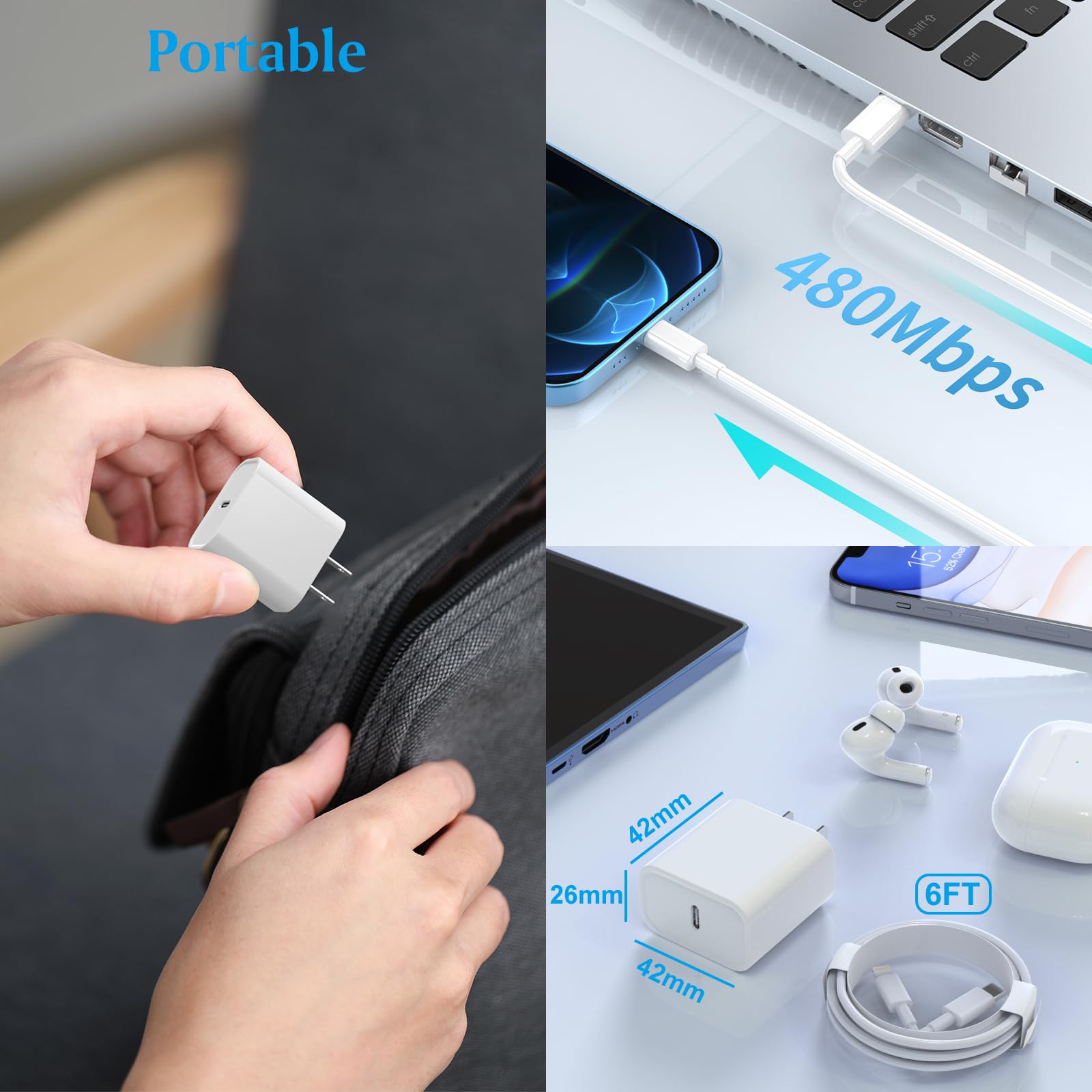 2-Pack USB C Fast Charger for iPhone 14/13/12/11 Pro/Pro Max/XS/XR/X/SE/8 - Includes 6FT Type C to Lightning Cable - Quick Charge Power Adapter for Home, Office & Travel