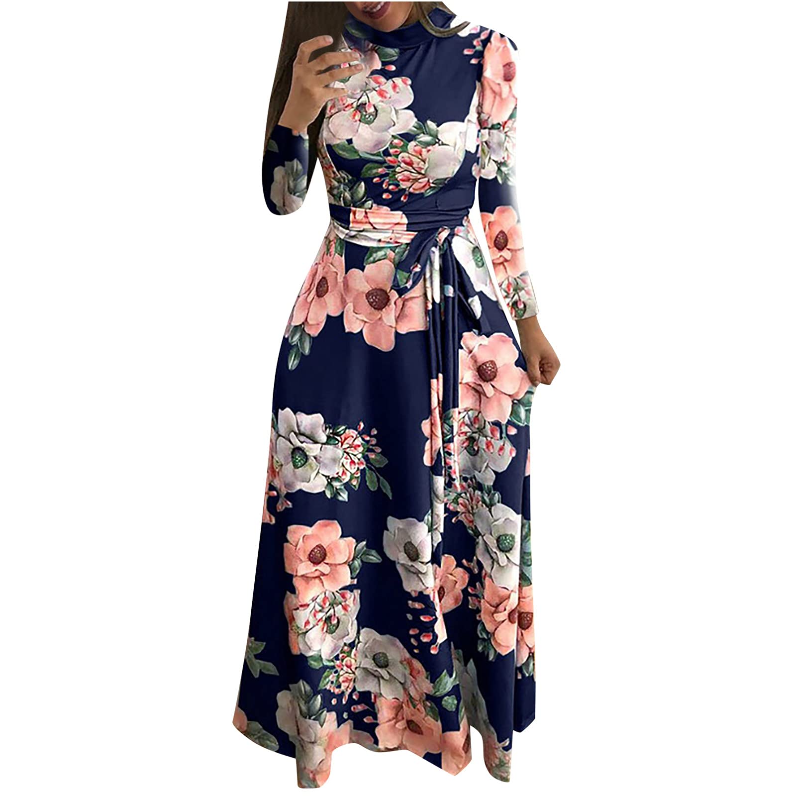 Elegant Women's Floral Printed Maxi Dress - Long Sleeve High Neck Wedding Guest Dress with Lace-Up Wrap Waist | Perfect for Fall Weddings, Parties & Special Occasions