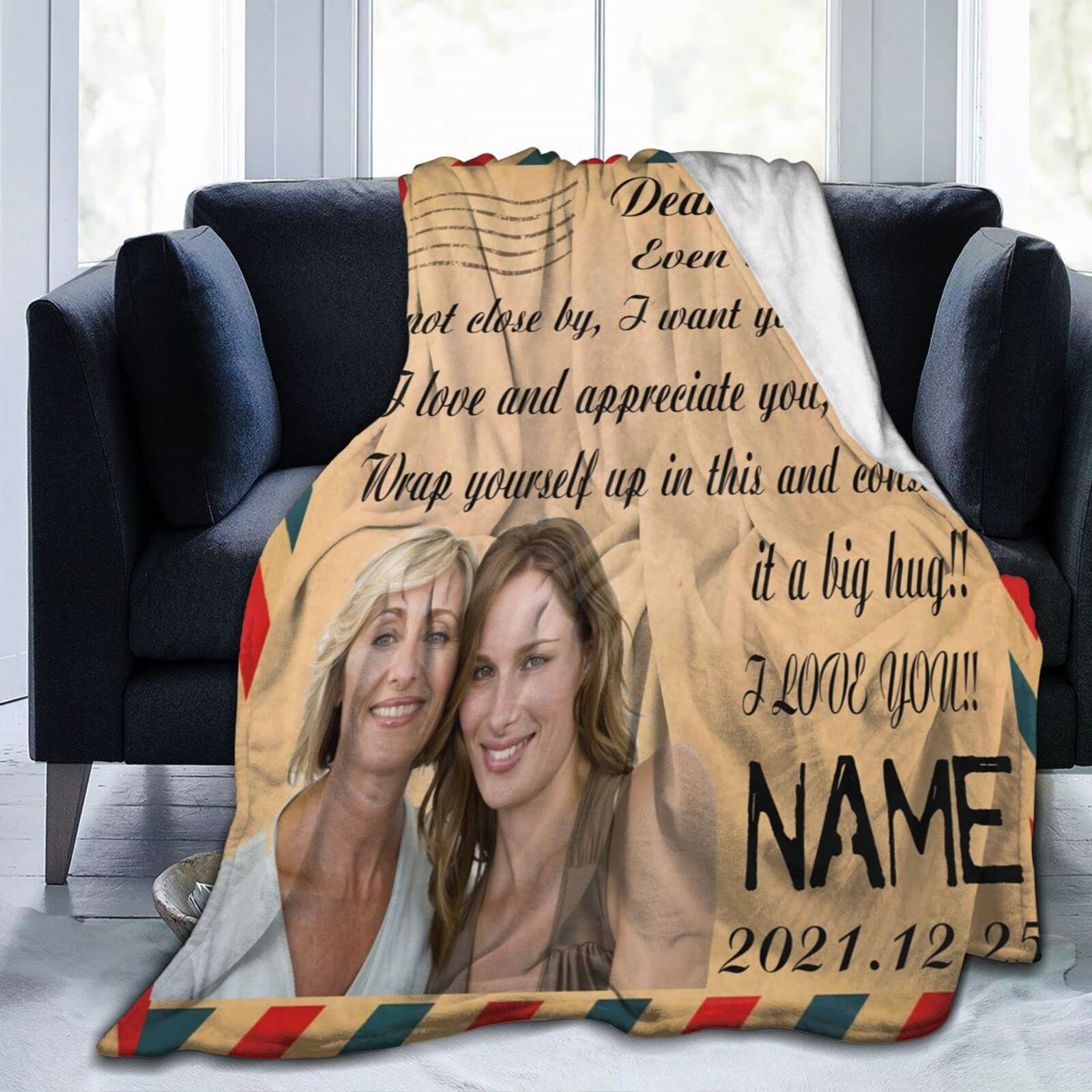 Custom Personalized Blanket with Name & Photo - Love Letter to Dear Mom - Soft Flannel Throw Blanket for Couch, Sofa & Bed - Perfect Gift for Mother's Day, Birthday & Christmas - Warm & Cozy Home Decor for Relaxing Evenings & Family Moments
