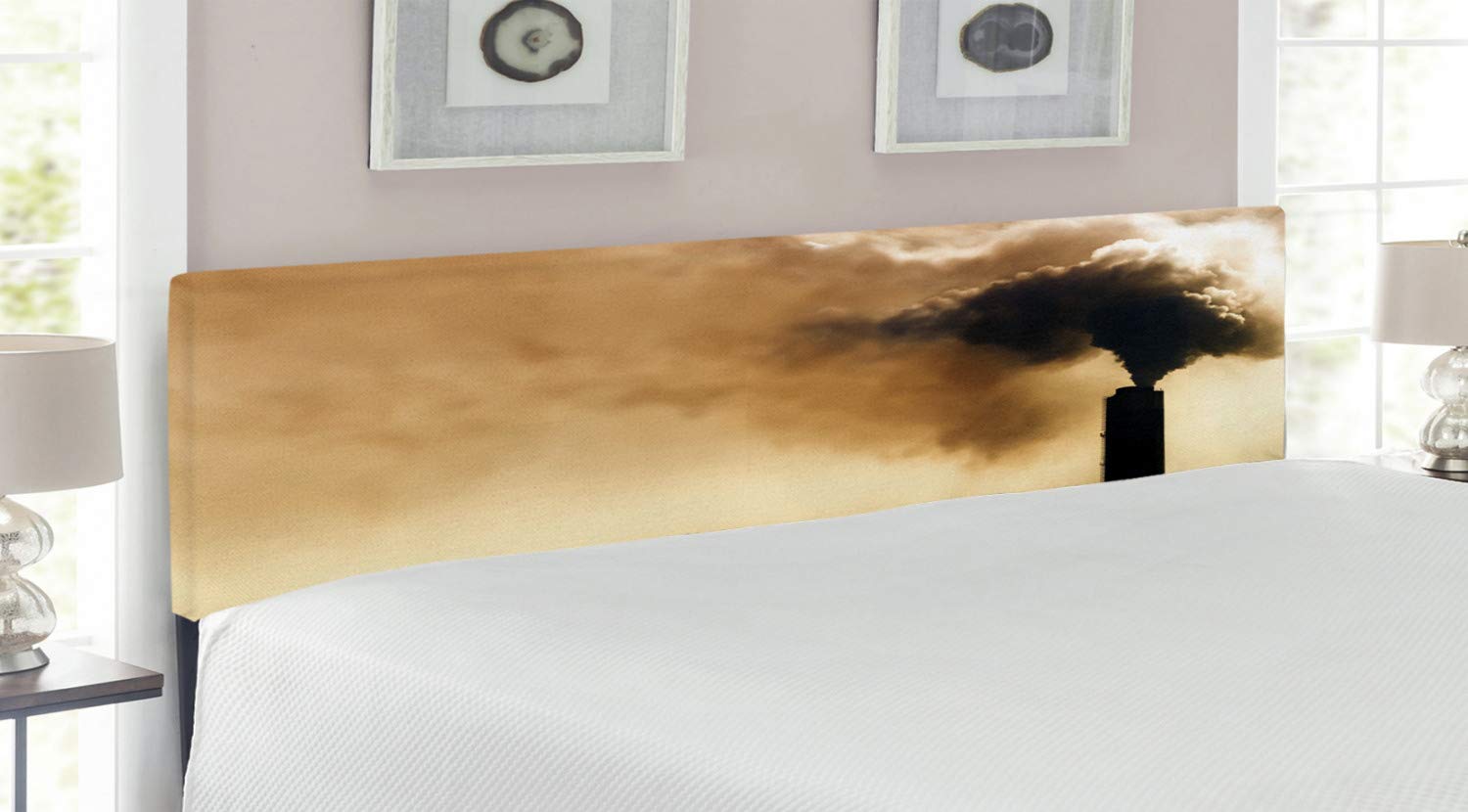 Ambesonne Industrial King Size Headboard - Heavy Smoke Chimney & Sandy Sky Design, Upholstered Metal Bed Frame with Memory Foam in Pale Brown/Black | Perfect for Modern Loft, Industrial & Vintage Bedroom Decor