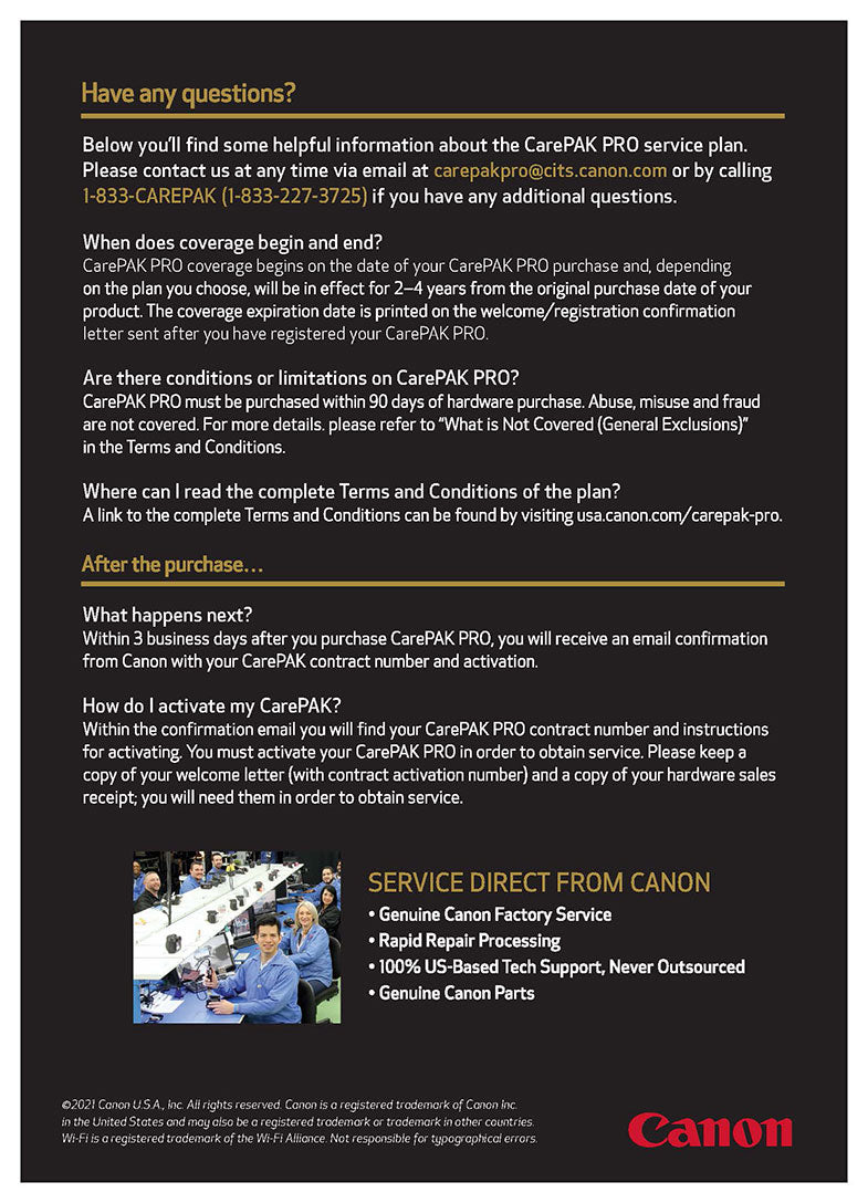Canon CarePAK PRO 3-Year Extended Warranty Protection Plan for EOS Cinema Cameras (C300, C500) - Accidental Damage & Repairs - Professional Videography & Film Production Gear Coverage