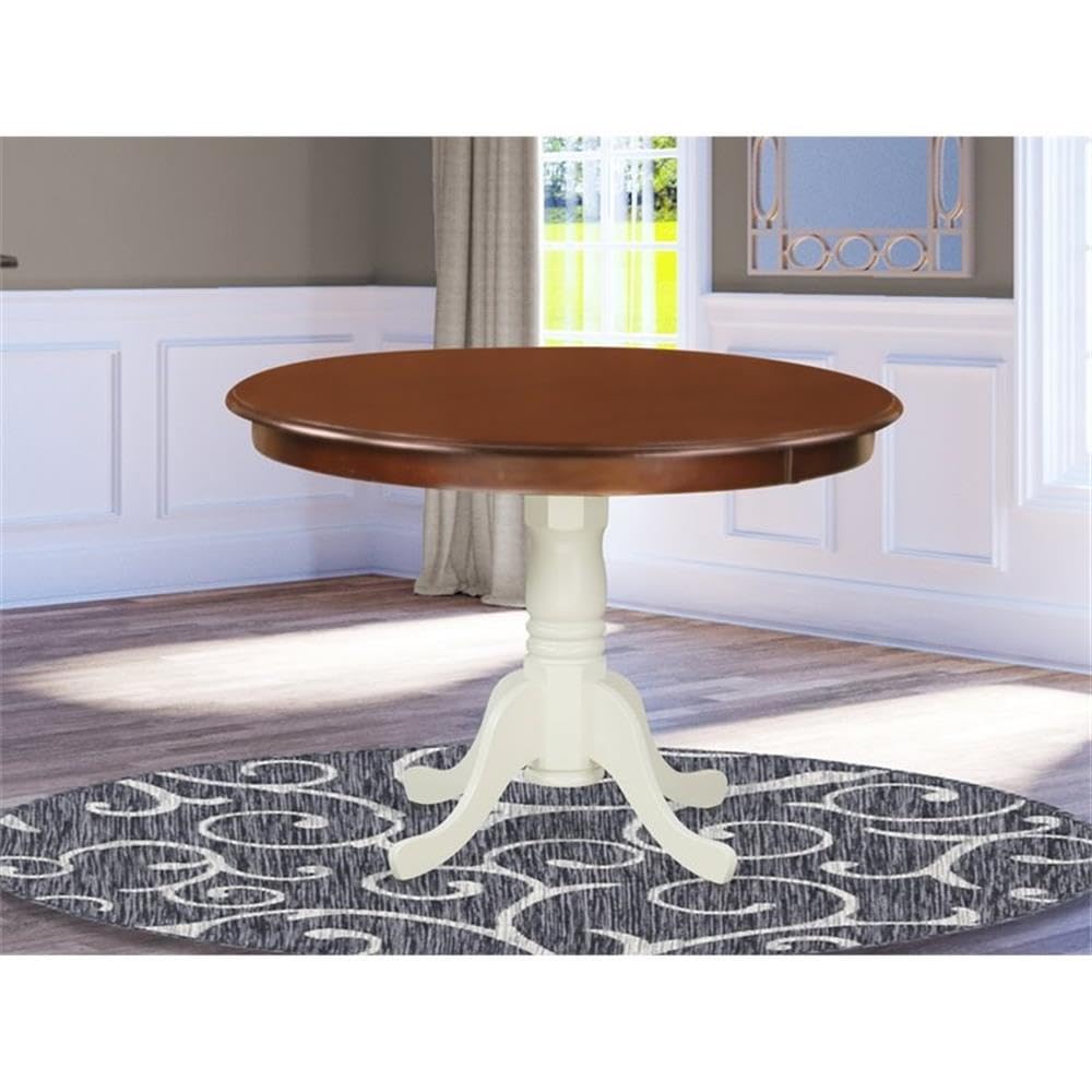 East West Furniture HLT-MLW-TP Hartland 42 Inch Round Dining Table with Pedestal Base - Mahogany & Linen White Finish - Perfect for Kitchen, Breakfast Nook or Small Space Dining Room