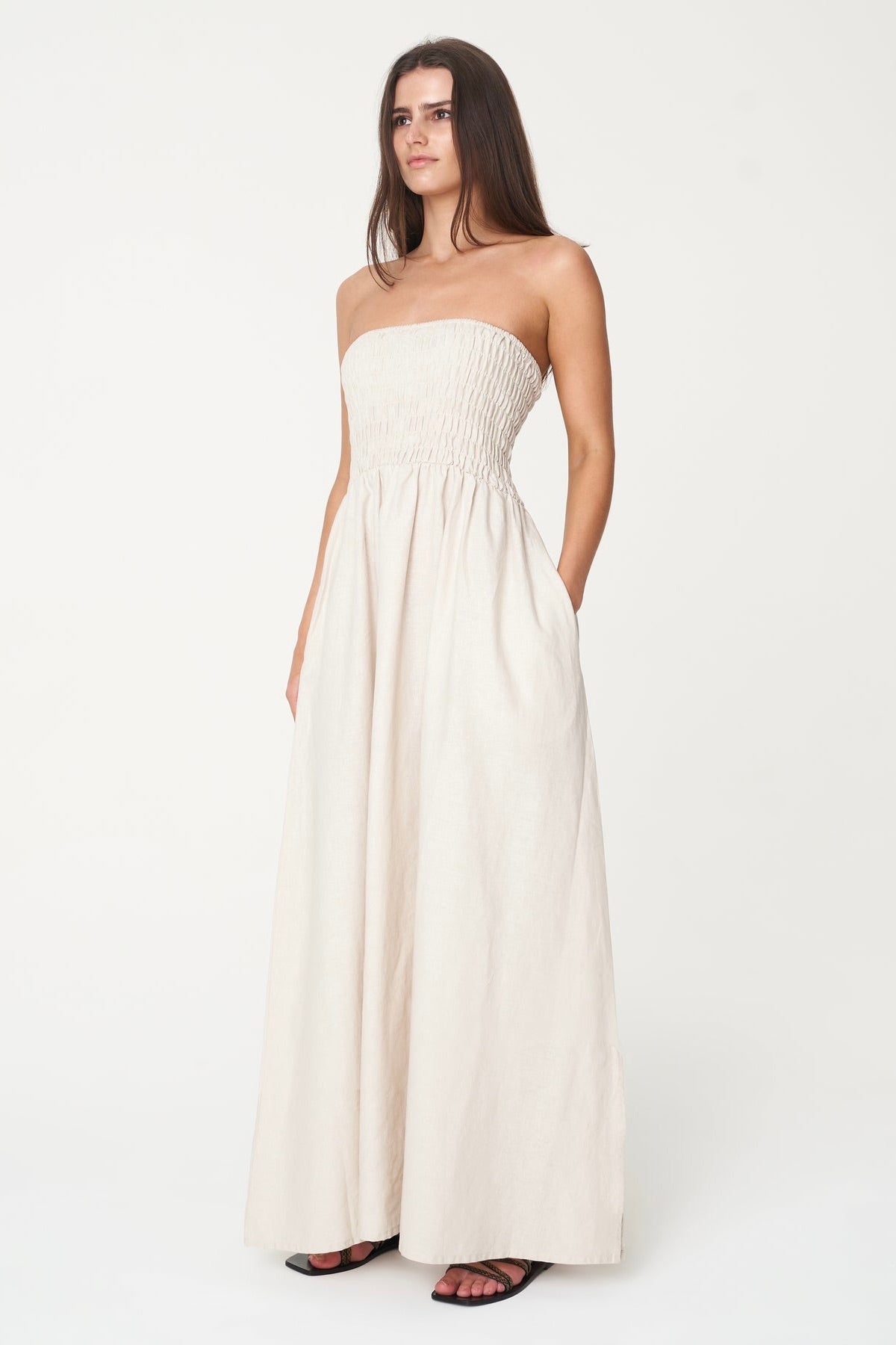 Strapless Linen Midi Dress for Women - Natural Boho Summer Beach Dress - Perfect for Vacation, Date Night & Outdoor Weddings