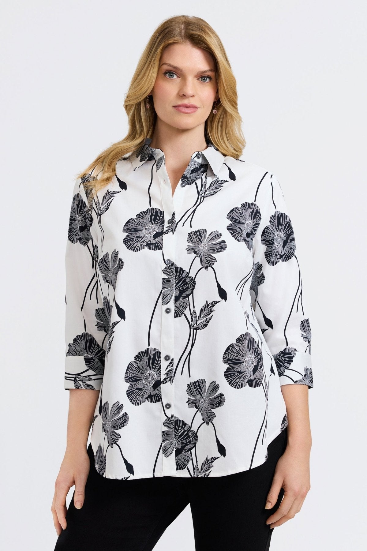 Margie Plus Poppy 3/4 Sleeve Blouse - Women's Floral Print Tunic Top for Casual & Office Wear | Perfect for Spring & Summer Outfits