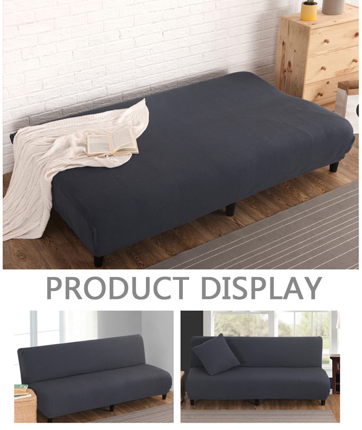 YOPOIY Stretch Folding Sofa Bed Cover - Solid Color Jacquard Knitted Armless Futon Slipcover - Universal Sofa Protector with Pillowcase (Grey) - Perfect for Living Rooms, Guest Rooms & Small Spaces