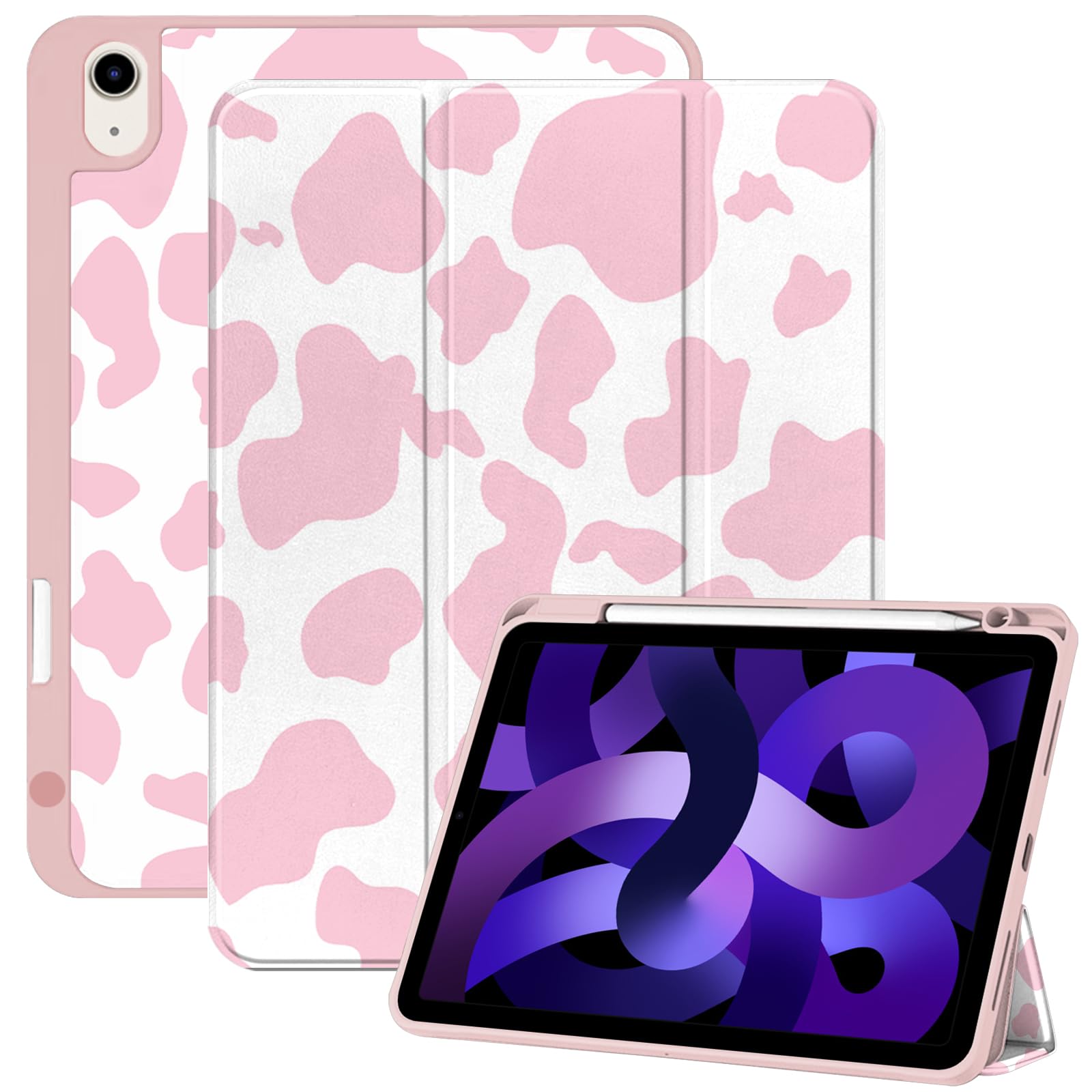 Premium iPad Air Case 11 Inch (M3 2025/M2 2024) & 10.9 Inch (5th/4th Gen 2022/2020) - Shockproof TPU Back Cover with Pencil Holder & Auto Sleep/Wake - Cute Pink Cow Design for Women & Girls - Perfect for School, Work & Travel