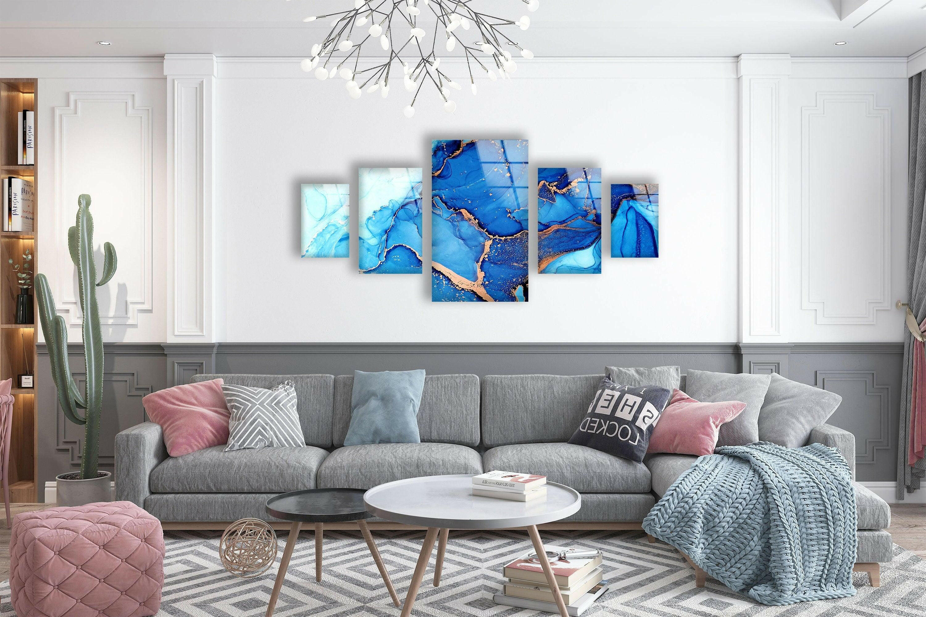 Blue Alcohol Ink Marble Abstract Glass Wall Art - Handmade Modern Home Decor for Living Room, Bedroom & Office