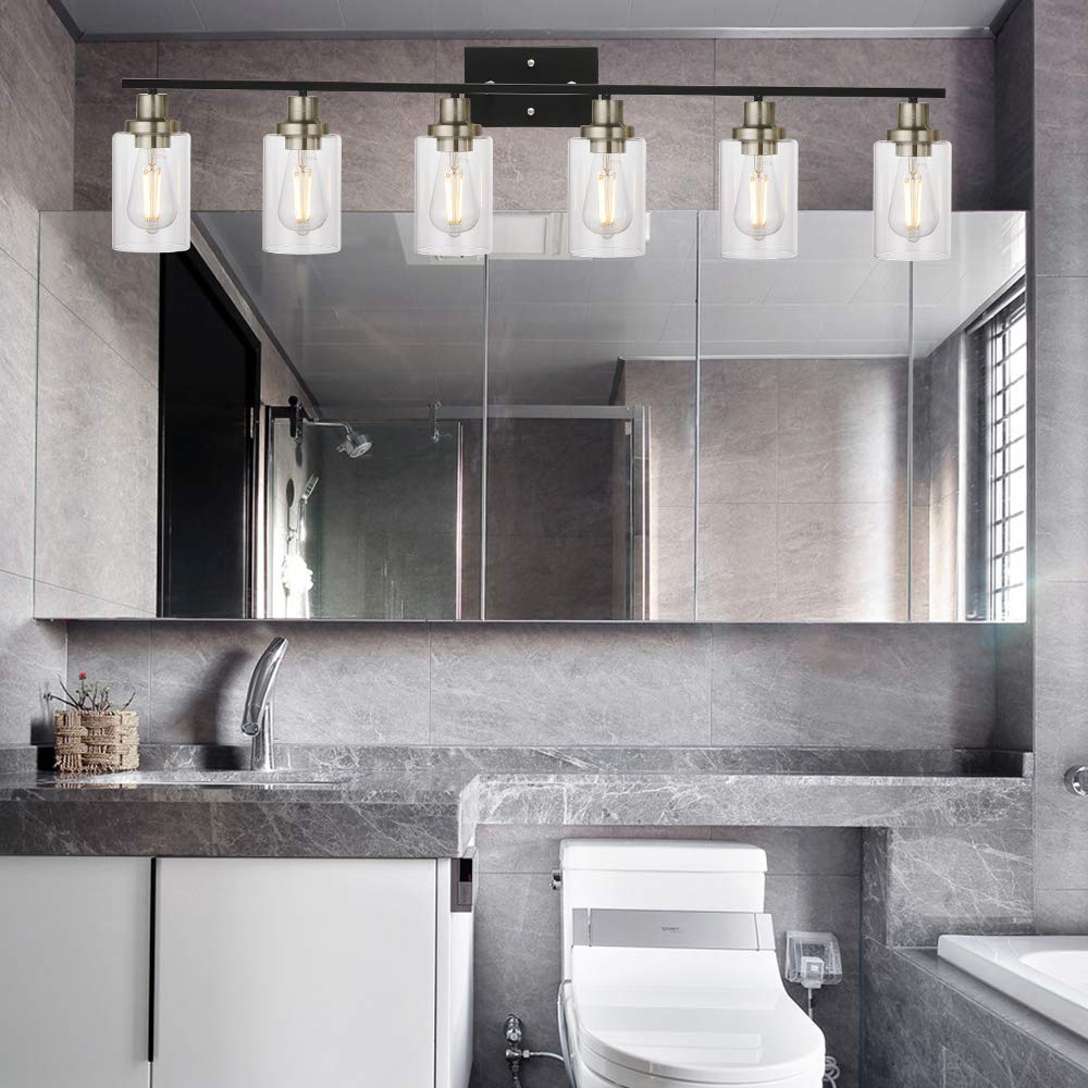 MELUCEE 6-Light Black Vanity Light Fixture - Brushed Nickel Finish with Clear Glass Shade - Modern Bathroom Wall Lighting for Dressing Table, Bedroom Vanity & Makeup Area - Perfect for Home Spa, Powder Room & Luxury Bathroom Decor