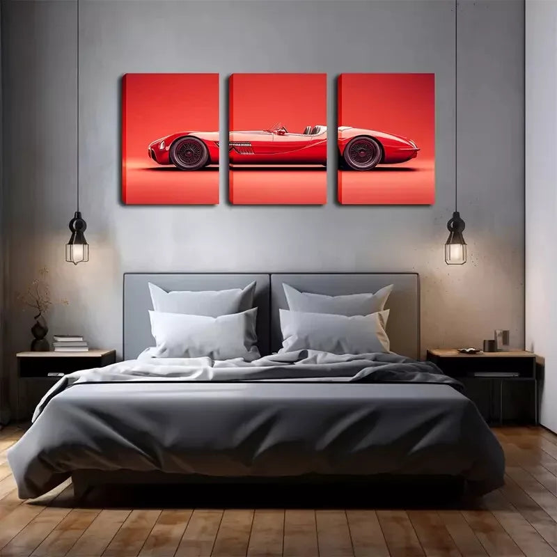 Vintage Red Sports Car Canvas Print Set - 3pcs Framed Wall Art 40x60cm, High Quality Australian Made Canvas for Living Room, Bedroom & Office Decor - Ready to Hang