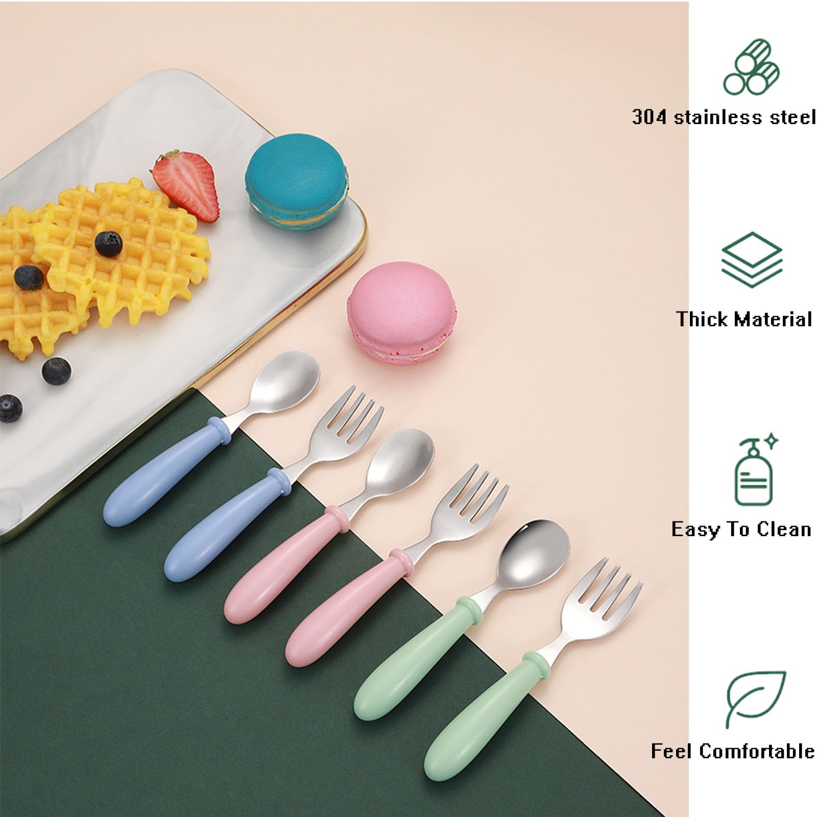 12-Piece Toddler Cutlery Set with Round Handles - 6 Safe Forks & 6 Child-Sized Spoons (Pink, Blue, Green) for Kids Self-Feeding | Perfect for Daycare, Home Use & Travel