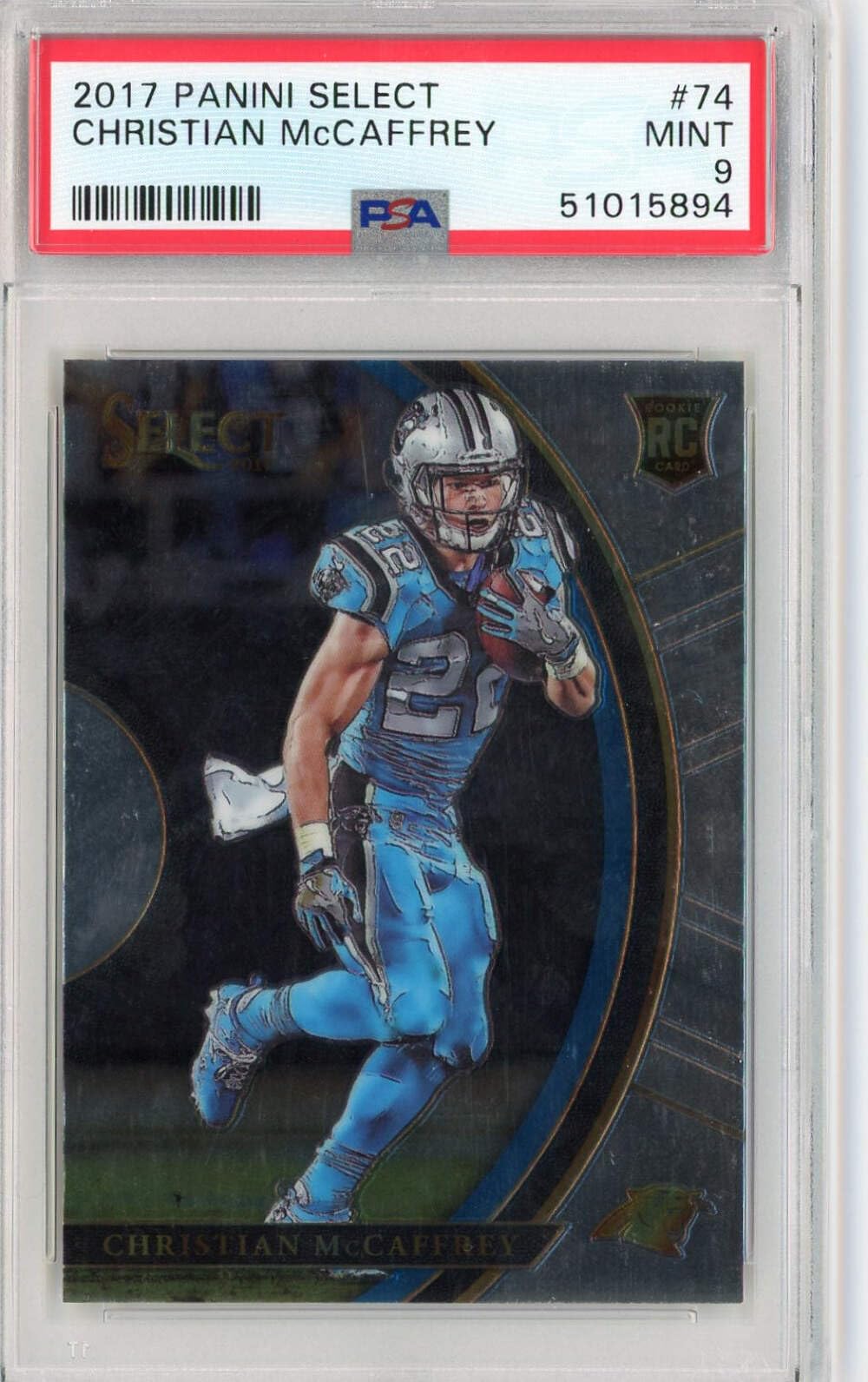 2017 Panini Select Christian McCaffrey #74 Rookie RC Football Card PSA 9 Mint - Collectible NFL Trading Card for Sports Memorabilia & Investment - Perfect for Display, Trading, and Gifting