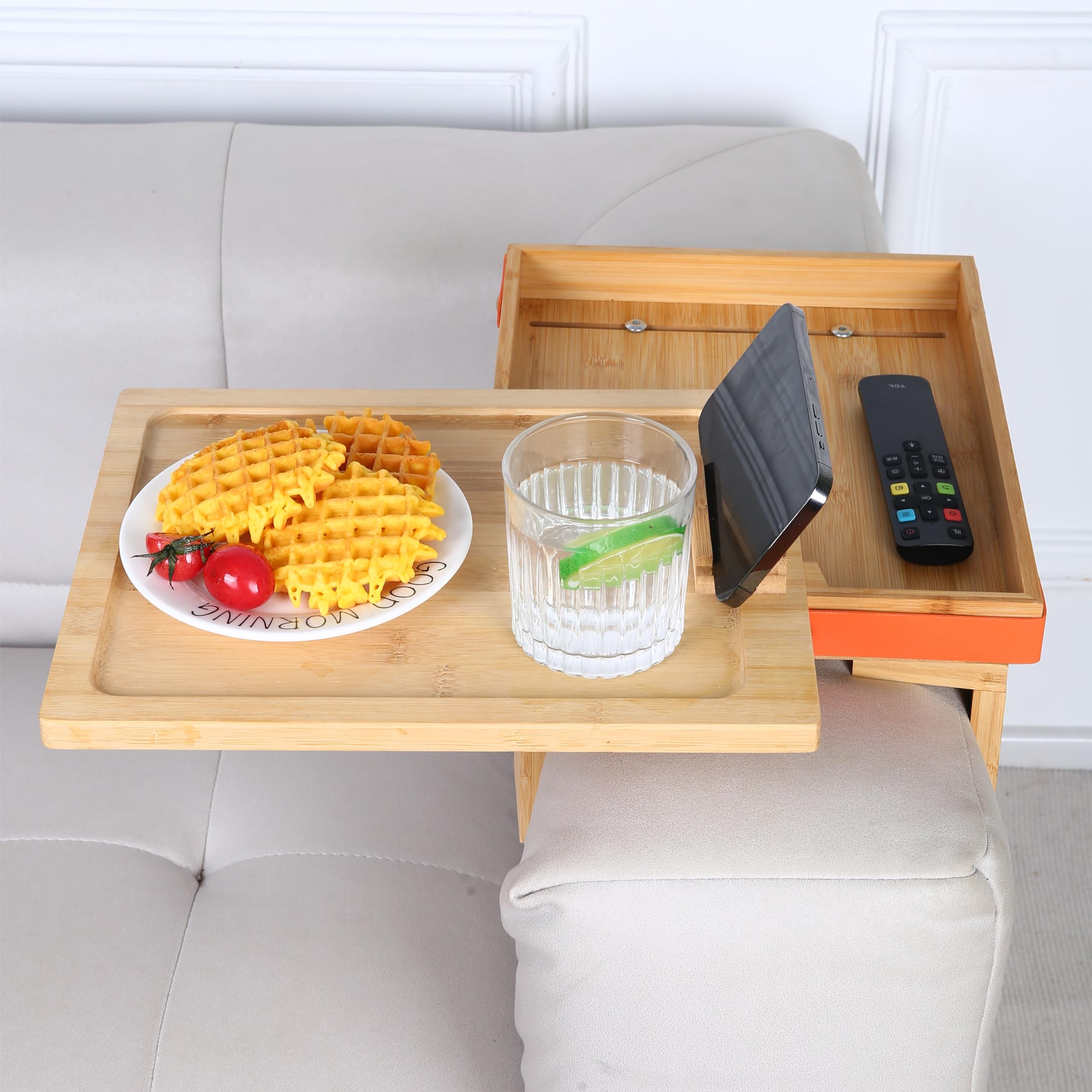 Premium Bamboo Couch Arm Table Tray with 360° Phone Holder - Non-Slip Clip-On Sofa Tray for Remote, Snacks & Drinks (4 Legs) - Perfect for Living Room, Bedroom & Home Theater Relaxation