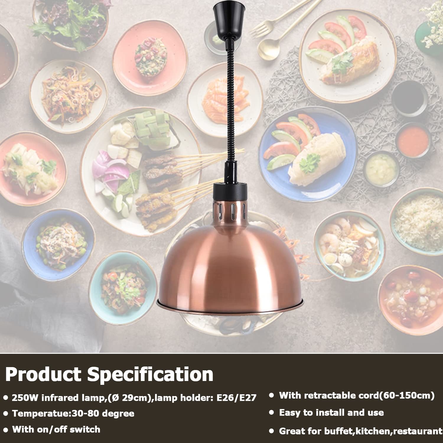 250W Infrared Food Warmer Heat Lamp with Retractable Cord - 29cm Copper Hanging Heating Light for Restaurants, Buffets & Catering - Perfect for Keeping Pizza, Fried Chicken & BBQ Warm at Events