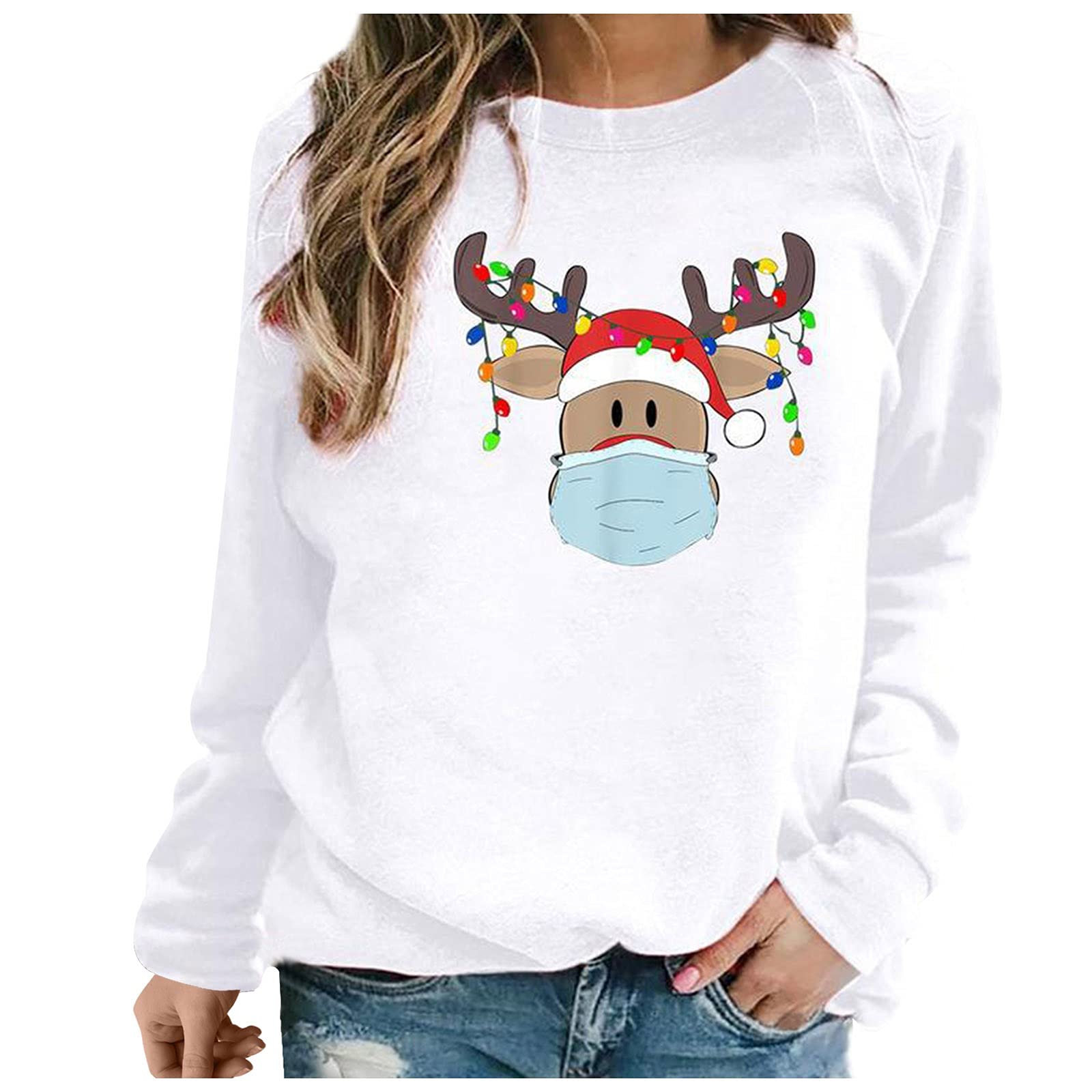 AMHLO Women's Christmas Sweatshirt - Funny Reindeer & Snowflakes Graphic Pullover, Plus Size Long Sleeve Top | Holiday Party, Family Gathering, Winter Outfit
