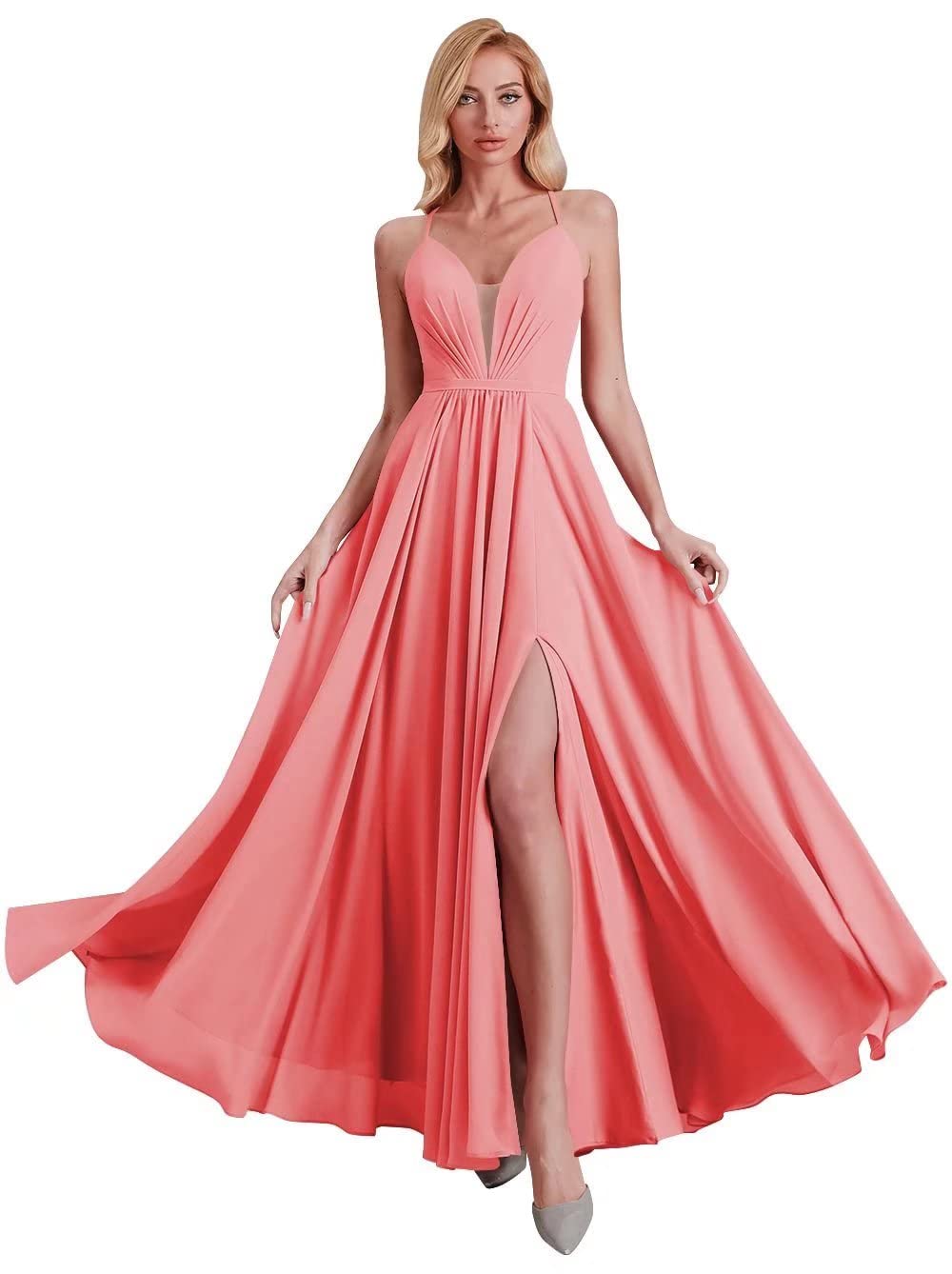Elegant V-Neck Chiffon Bridesmaid Dress with Backless Design & Pockets - Long Formal Evening Gown for Weddings, Prom, Parties & Special Occasions