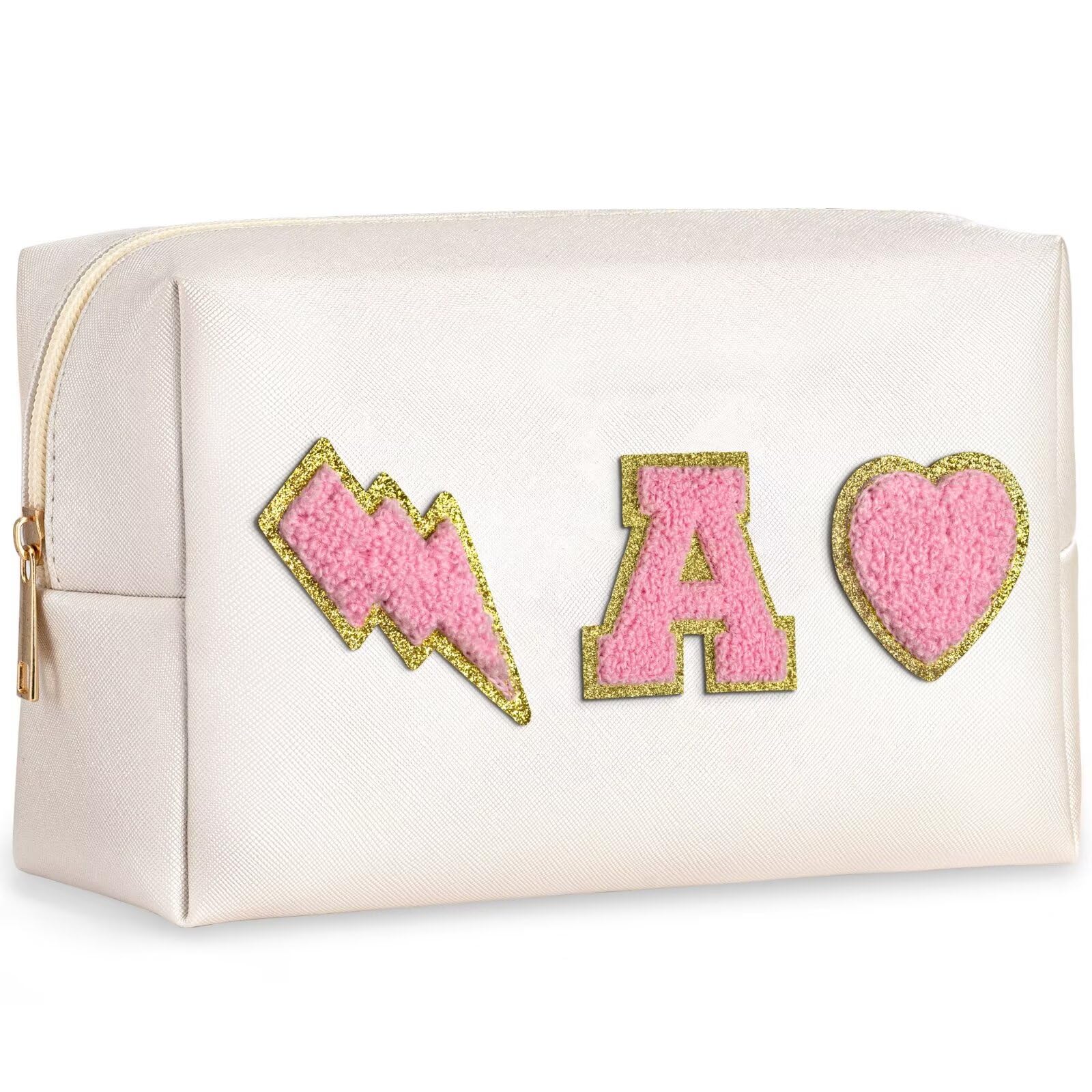 Personalized Initial Makeup Bag for Teen Girls - Cute Pink Cosmetic Pouch & Toiletry Organizer | Easter, Birthday Gift Idea for Daughter | Preppy Teen Accessories for School, Travel & Sleepovers