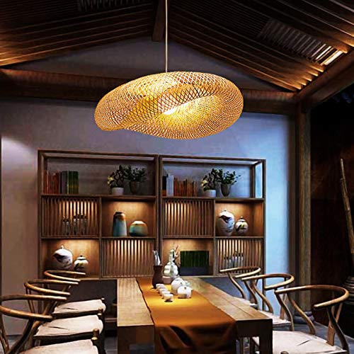 Modern Bamboo Pendant Lighting for Kitchen Island - 19.5 Inch Beige Hanging Light Fixture with Twist Design for Dining Room & Breakfast Nook - Perfect for Farmhouse, Rustic or Contemporary Home Decor