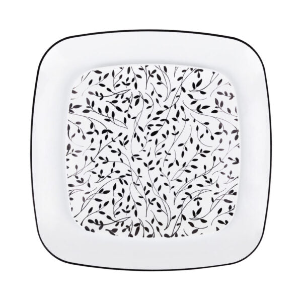 32-Piece Black & White Leaf Square Plastic Dinnerware Set - BPA-Free Eco-Friendly Dinner Plates, Bowls & Utensils (16 Servings) - Perfect for Outdoor Picnics, Party Events and Home Decor