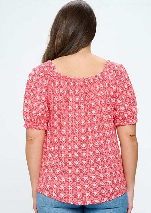 Plus Size Red Floral Print Peasant Blouse - Made in USA | Boho Chic Women's Top for Casual Wear & Summer Outfits