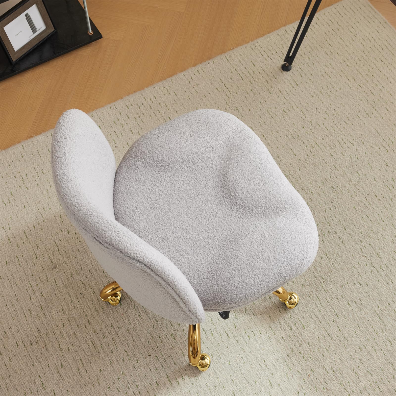 VINGLI Ergonomic Wide Criss Cross Leg Office Chair with Lumbar Pillow - Gold Base Swivel Desk Chair for Home Office & Bedroom, Adjustable Dual-Use Design (Wheels Optional), Soft Teddy Fleece Gray Fabric - Perfect for Long Work Sessions, Gaming & Vanity Makeup Areas