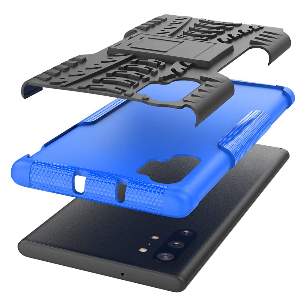 **Premium Rugged Hybrid Phone Case for Samsung Galaxy Note 10 Plus (5G) with Tempered Glass Screen Protector & Kickstand - Shockproof, Anti-Scratch Cover for Note 10+ | Perfect for Outdoor, Travel & Daily Protection (Black/Blue)**