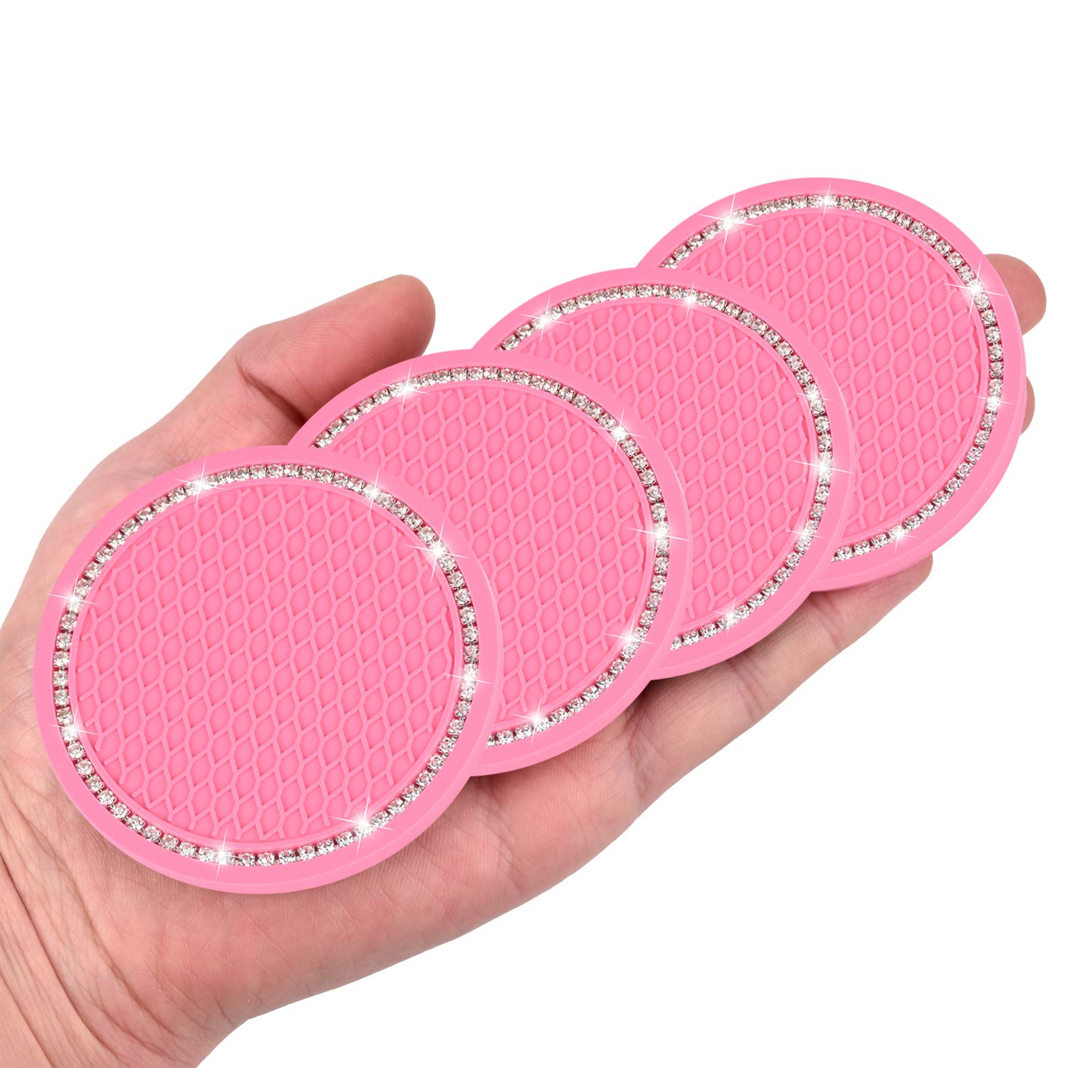 4 Pack Bling Car Coasters - Anti Slip PVC Cup Holder Inserts with Crystal Glitter Design, Universal Fit for Most Vehicles (Pink, 2.75