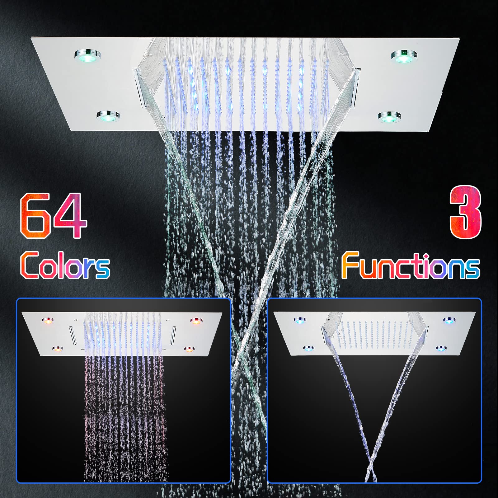 Suguword 20 X 14 Inch LED Square Rain Shower Head - High Pressure Ceiling Mounted Bathroom Shower System with Waterfall Rainfall Function, Chrome Finish for Luxurious Spa-Like Experience at Home