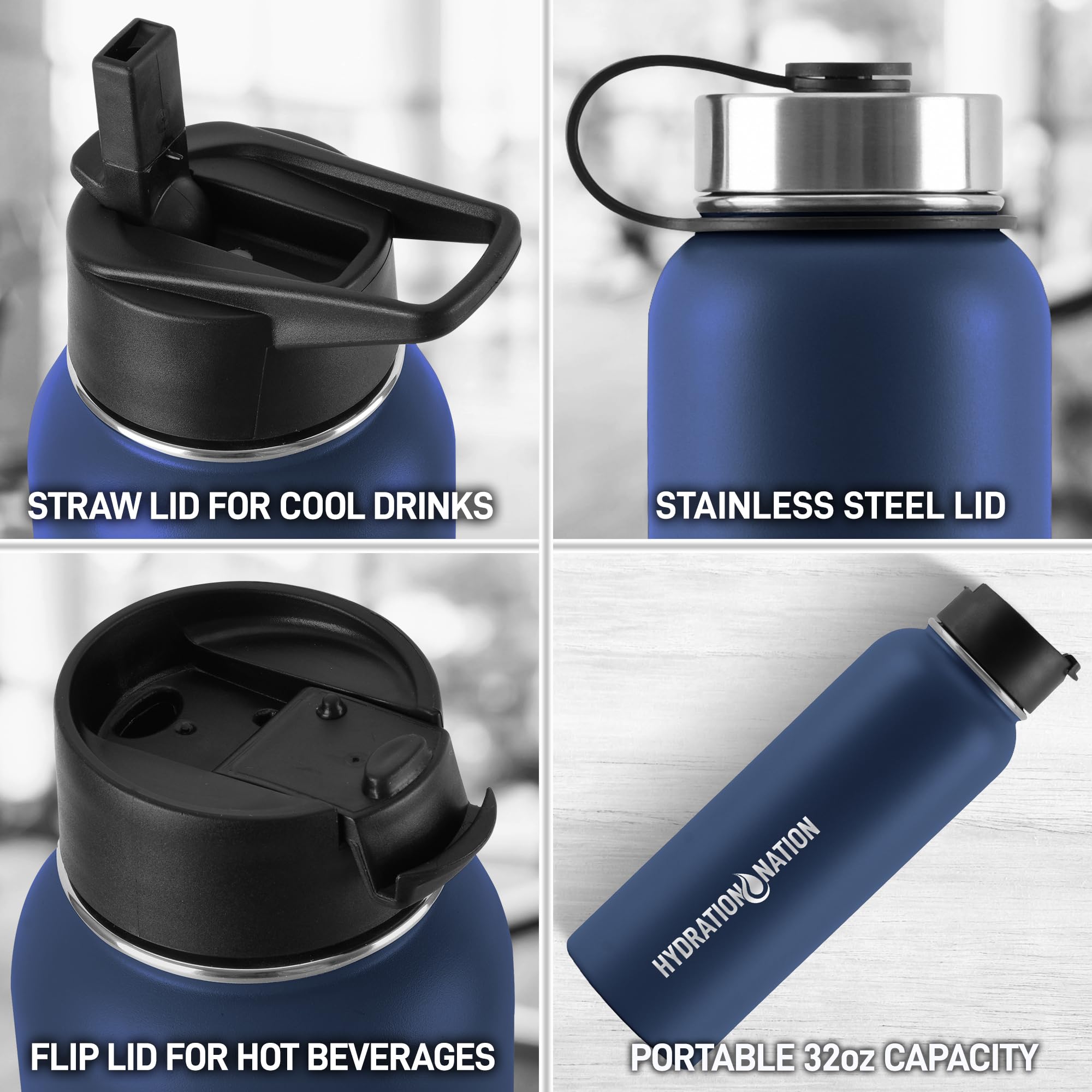 Hydration Nation 3 Lid Multi-Size Vacuum Insulated Stainless Steel Water Bottle with Straw - 24oz/32oz/40oz Leakproof Metal Water Bottle for Gym, Hiking, Travel & Outdoor Activities - Keeps Drinks Hot 12Hrs & Cold 24Hrs - Perfect for Coffee, Tea, Water & Sports Drinks (Blue)