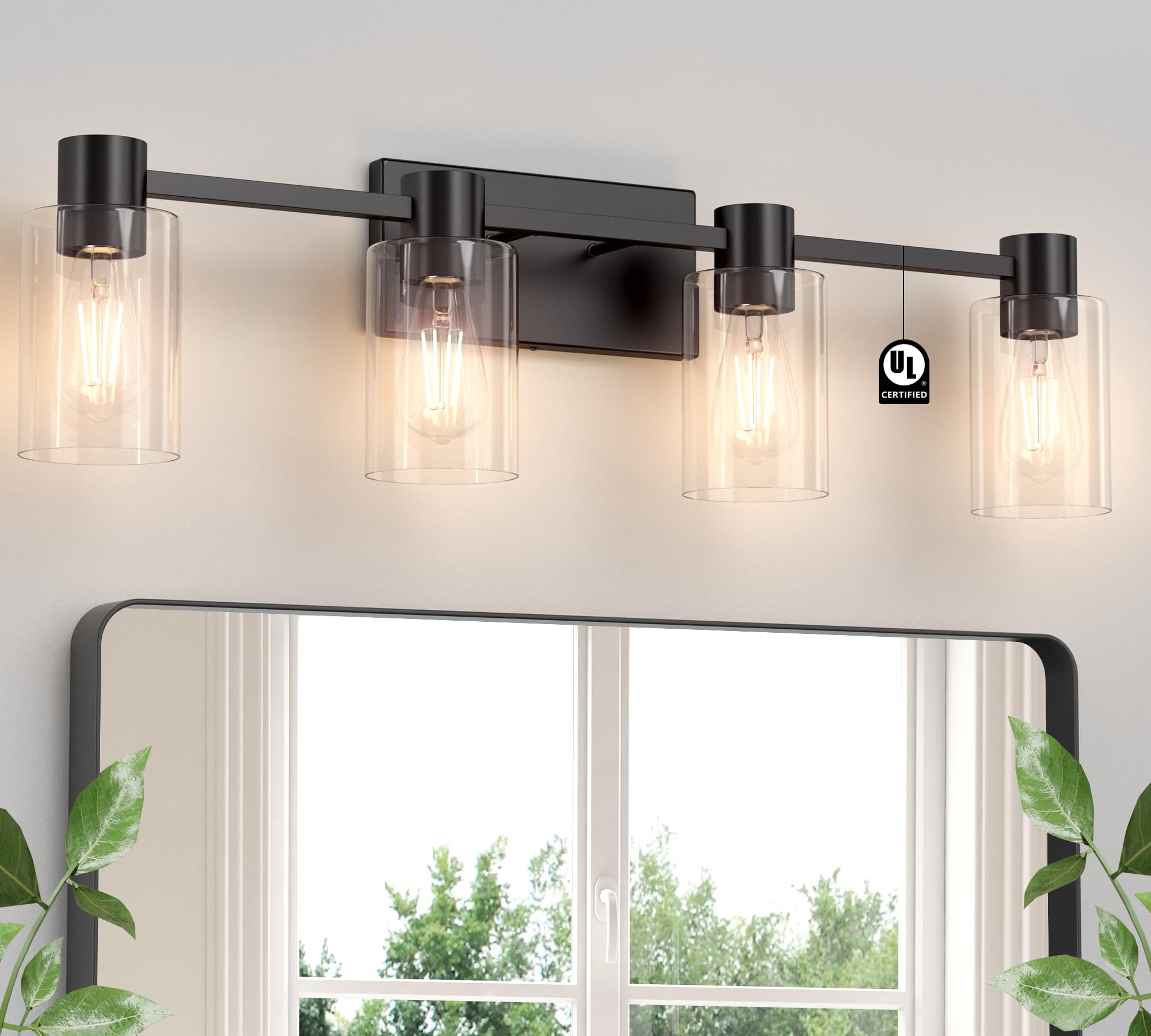4-Light Modern Vanity Light Fixtures - Matte Black Bathroom Wall Sconce with Clear Glass Shade, E26 Base - Perfect for Bathroom Mirror Lighting, Powder Room, and Spa-Like Vanity Areas