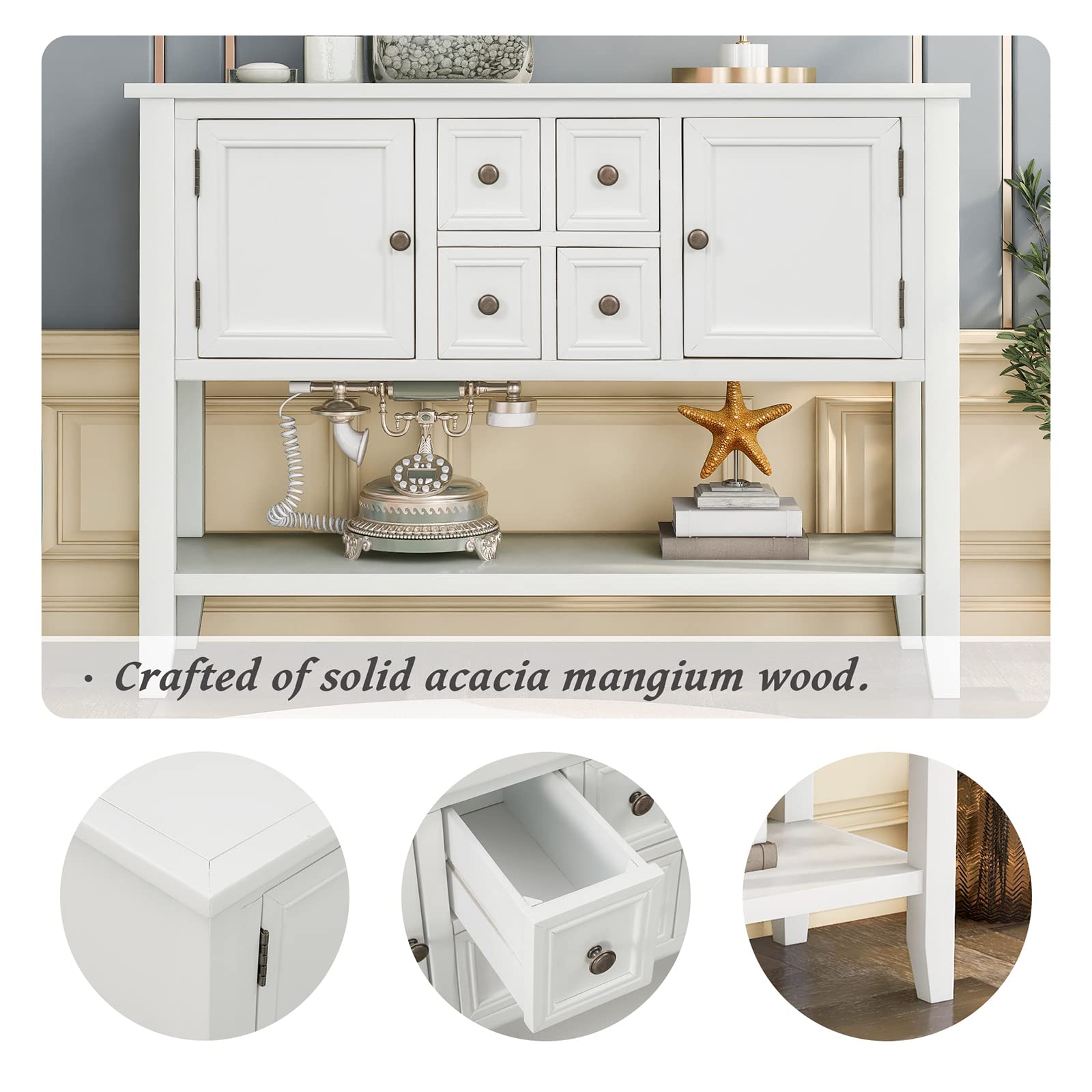 Rustic White Console Table with 4 Drawers & Open Shelf - Entryway Sideboard, Buffet Storage Cabinet for Living Room | Distressed Finish, Easy Assembly | Perfect for Hallway Decor, Farmhouse Dining Room Storage & Entry Organizer