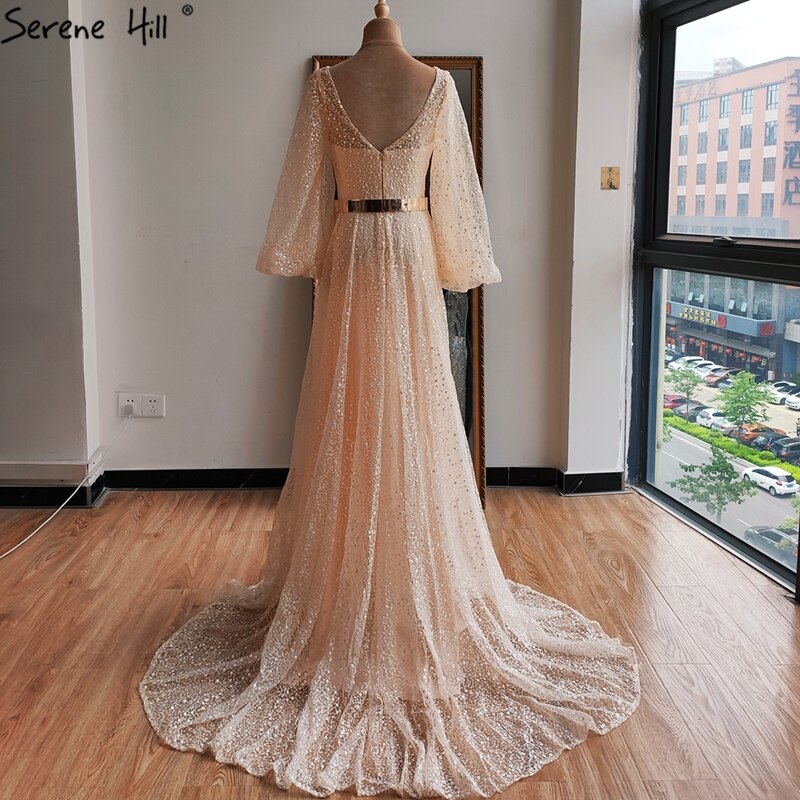 Serene Hill Champagne V-Neck Lantern Sleeve Beach Evening Gown with High Split - 2025 A-Line Lace Formal Dress LA70194 for Weddings, Prom & Special Occasions