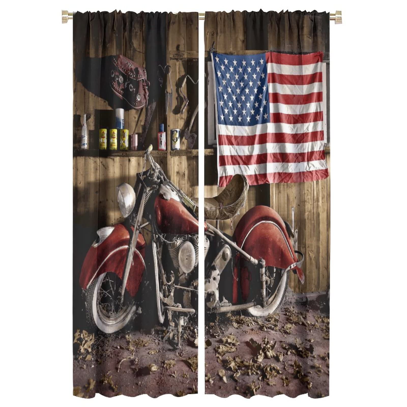 Vintage Motorcycle Curtain - Polyester Fabric, 2 Panels 42x63in for Garage & Man Cave Decor