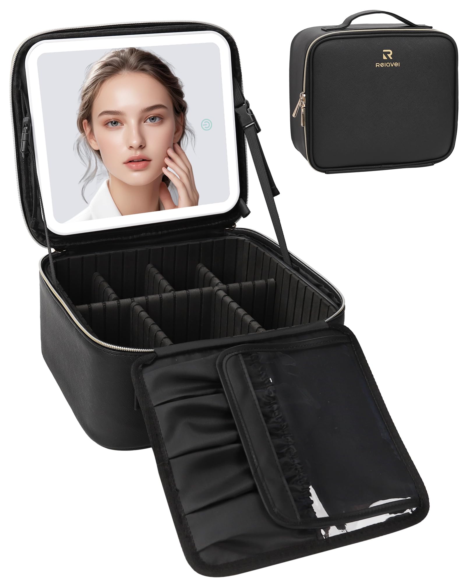 Relavel Makeup Bag with LED Lighted Mirror - Travel Cosmetic Organizer Case for Brushes & Makeup Storage - Rechargeable Vanity Mirror with 3 Color Lighting Modes & Protective Frame (Black) | Perfect for Travel, Home Vanity & Professional Makeup Artists