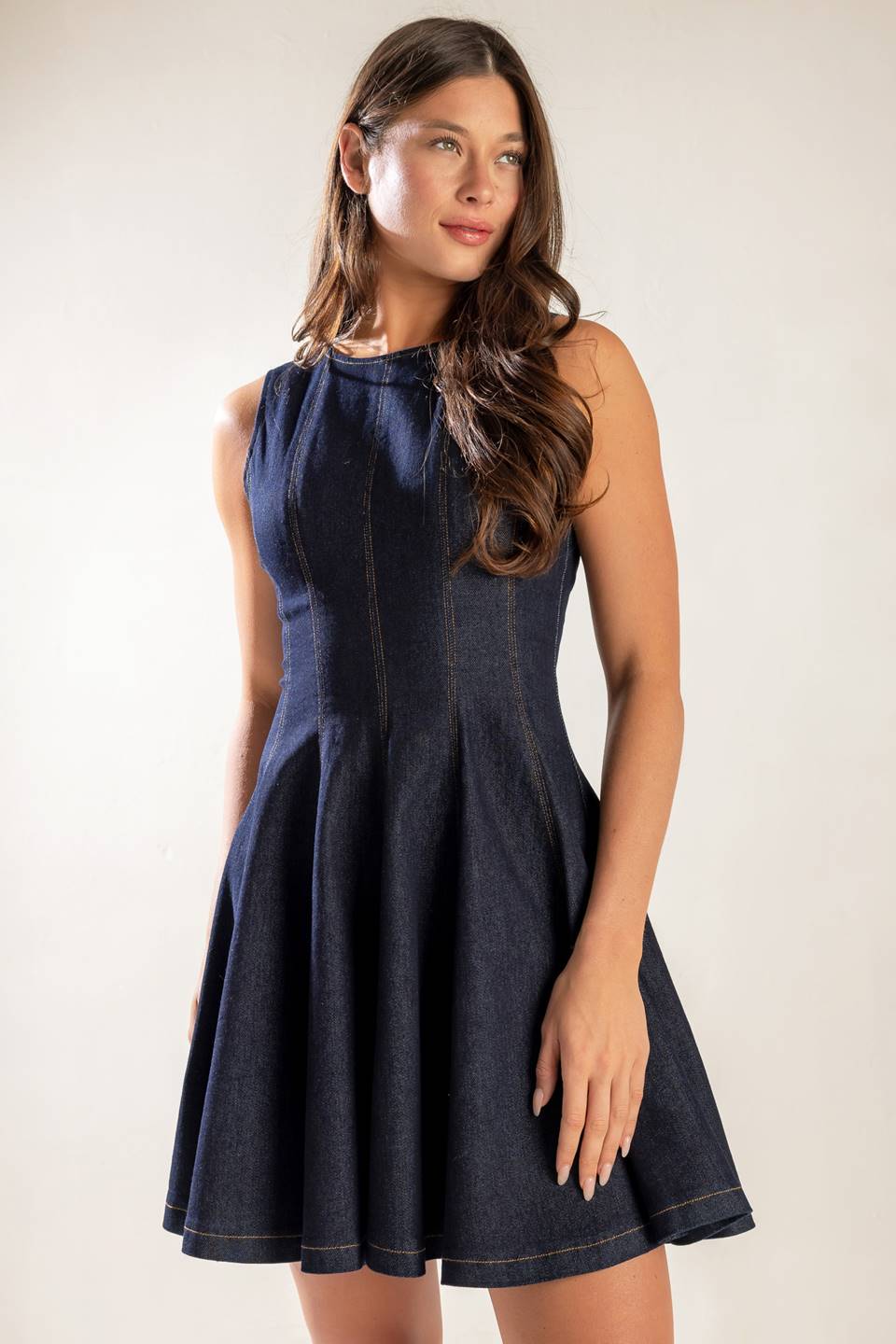 Classic Dark Denim Mini Dress for Women - Vintage Inspired Stretch Denim Skater Dress - Perfect for Casual Outings, Date Nights & Summer Parties