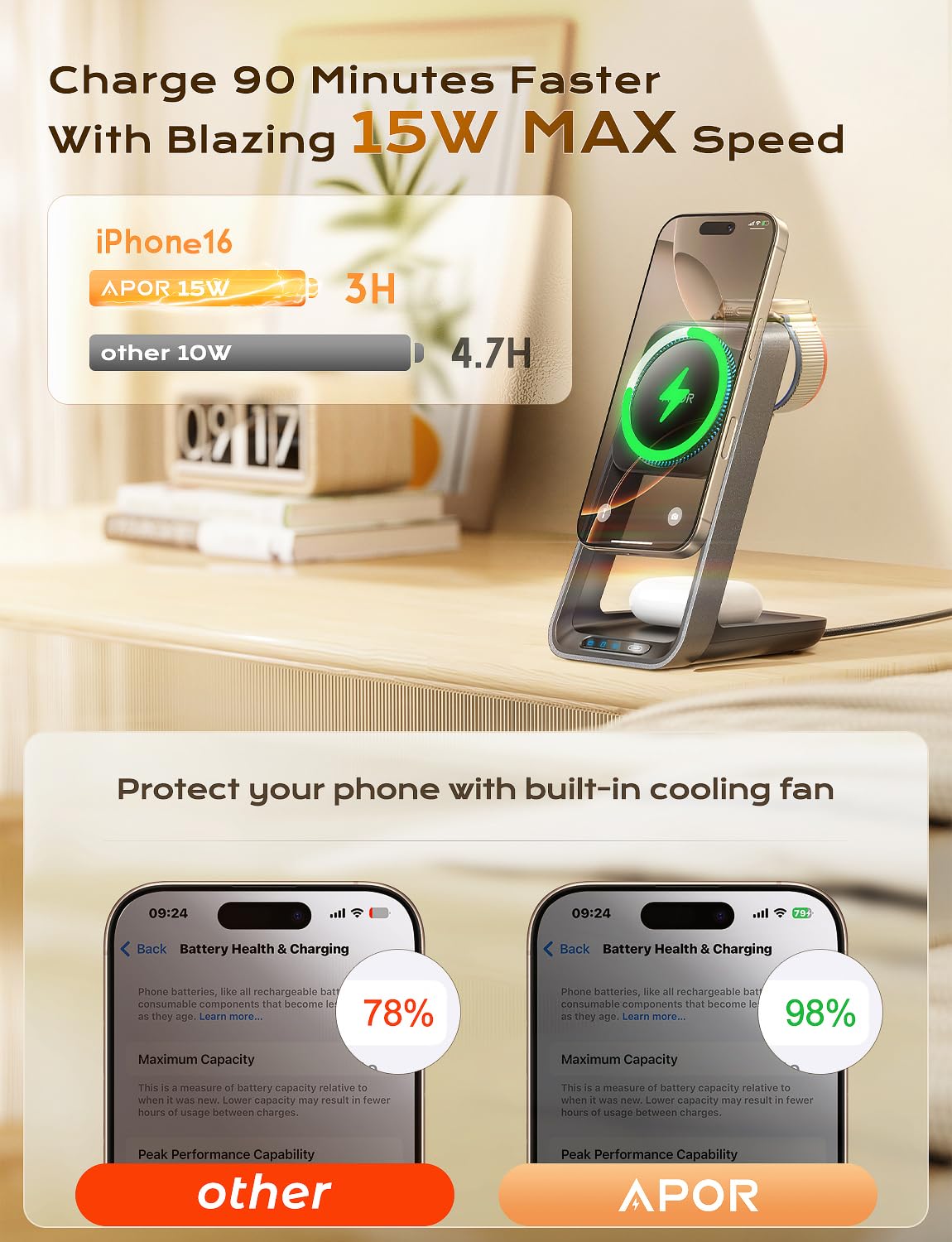 3-in-1 Magnetic Wireless Charging Station for iPhone 16/15/14/13/12 Series, Apple Watch 10/Ultra 2 & AirPods 4/3/Pro/Pro 2 - Fast Charging with Cooling Fan - Perfect for Home, Office and Travel