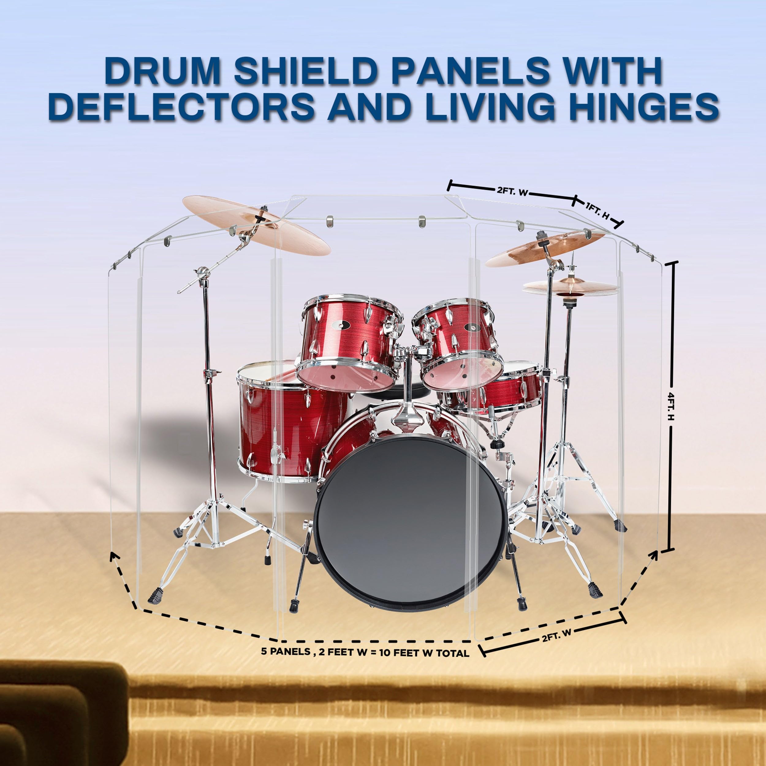 4ft Drum Shield with Deflectors & Plastic Hinges - 5 Clear Acrylic Drum Panels Included | Noise Reduction for Drum Practice, Studio Recording & Live Performances