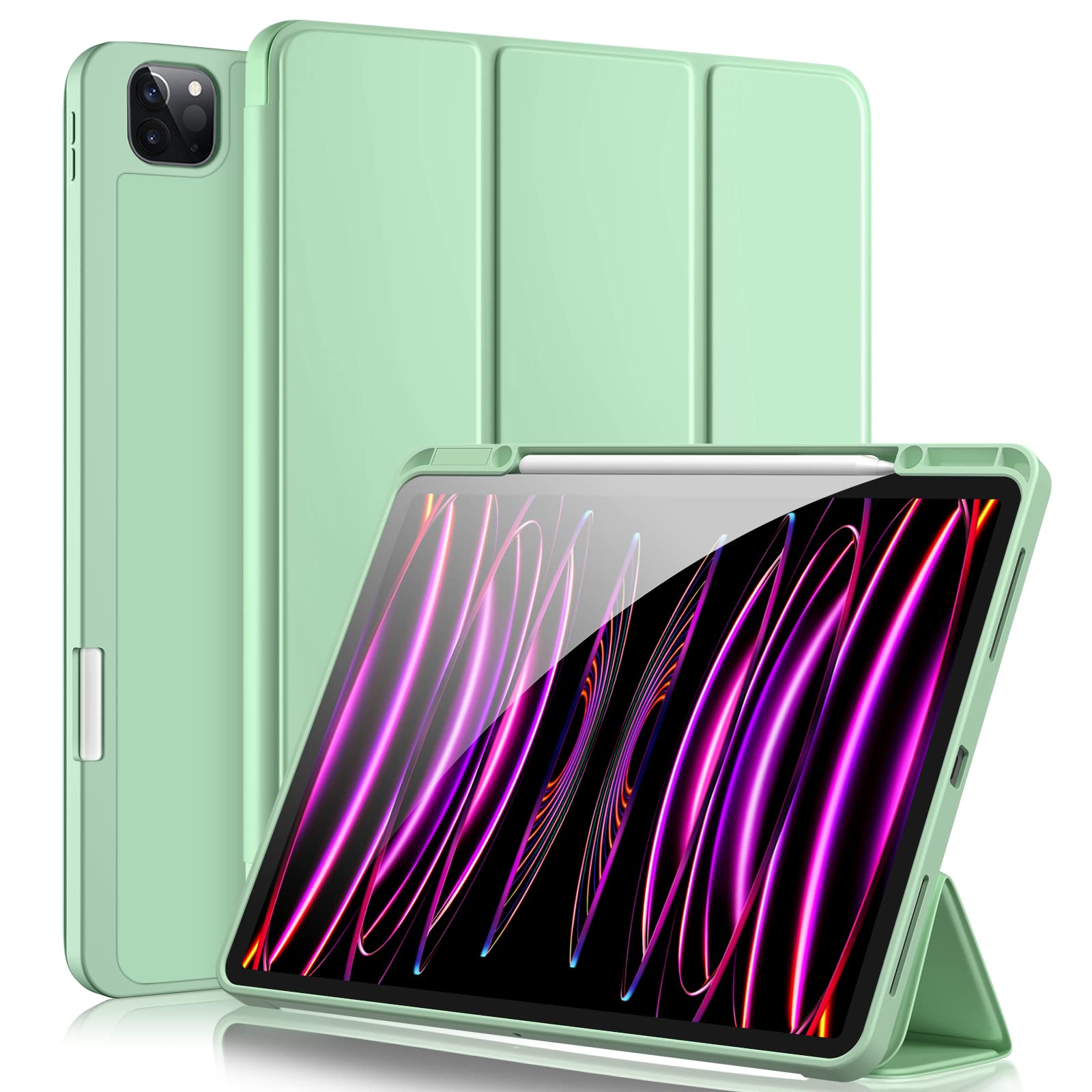 Premium iPad Pro 12.9 Case 6th/5th/4th/3rd Gen (2022-2018) - Trifold Stand Smart Cover with Pencil Holder & TPU Back, Auto Wake/Sleep, Green - Perfect for Work, School & Travel Protection