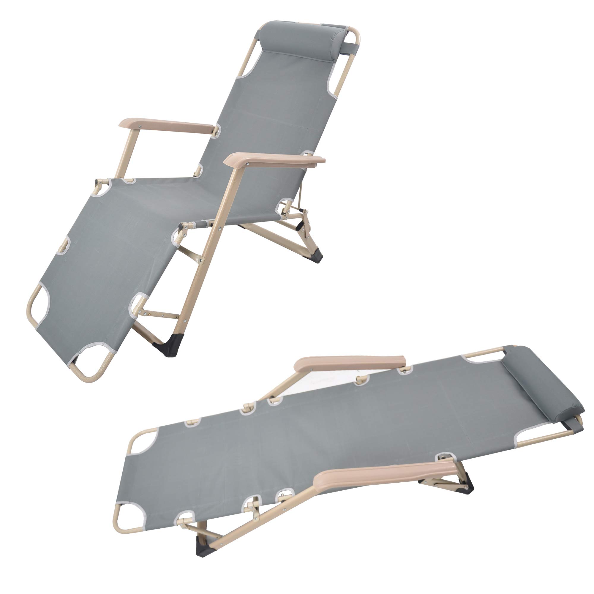 LUCKYERMORE 2-Pack Heavy Duty Folding Lounge Chairs with Full Flat Cot - 2-Position Reclining Outdoor Chairs for Beach, Pool, Camping & Patio - Gray (70”L x 20.5”W) - Perfect for Relaxing, Sunbathing & Backyard Lounging