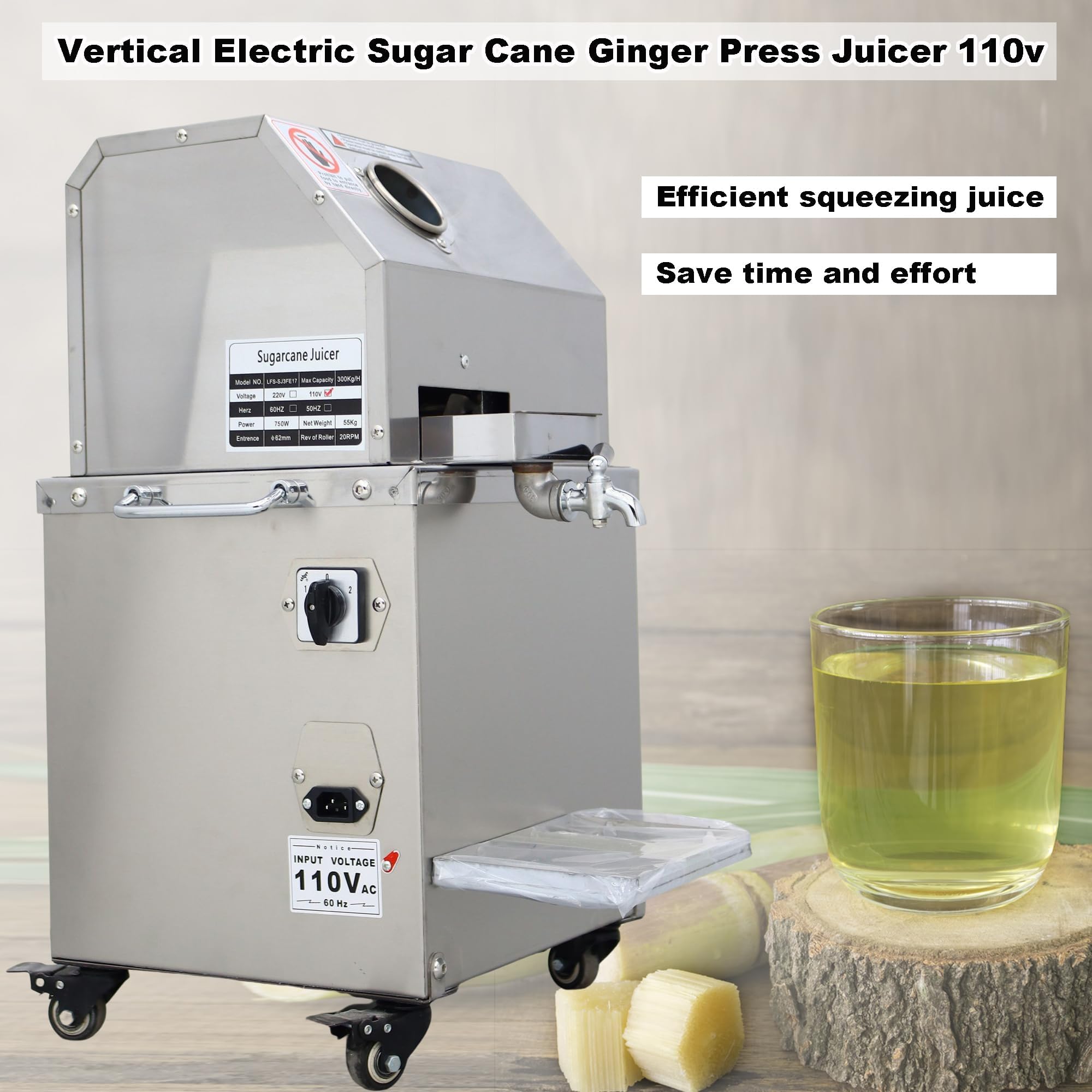 Electric Sugar Cane Juicer Machine - 300Kg/H Commercial Vertical Sugarcane Press with 3 Stainless Steel Rollers & 2 Knives - 110V for Fresh Juice Bars, Restaurants, and Home Use