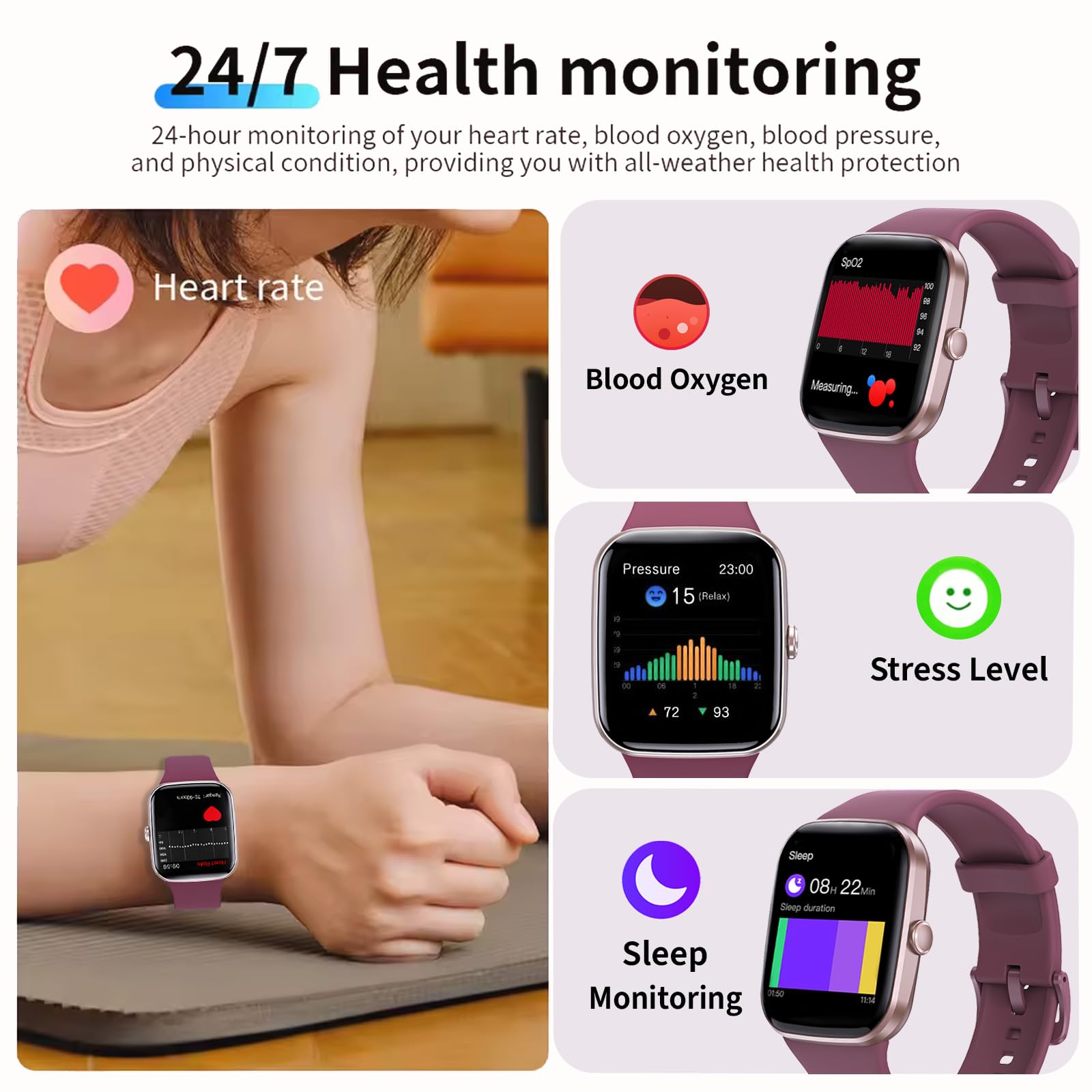 LAKEYLOYI Women's Smart Watch with Bluetooth Calling, Fitness Tracker, Waterproof, Compatible with Android & iOS - Grape Red Silicone Band for Outdoor Sports, Workouts & Daily Fashion Wear