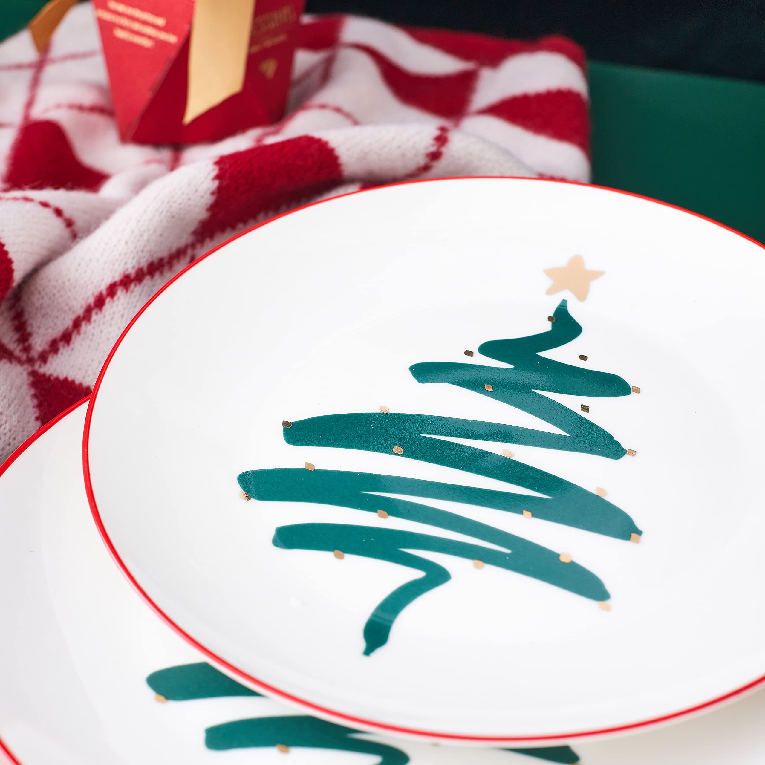 Premium Christmas Bone China Dessert Plates Set of 4 - 8 Inch Elegant Salad Plates, Oven & Dishwasher Safe - Holiday Tree Design for Festive Dining, Party Serving & Special Occasions