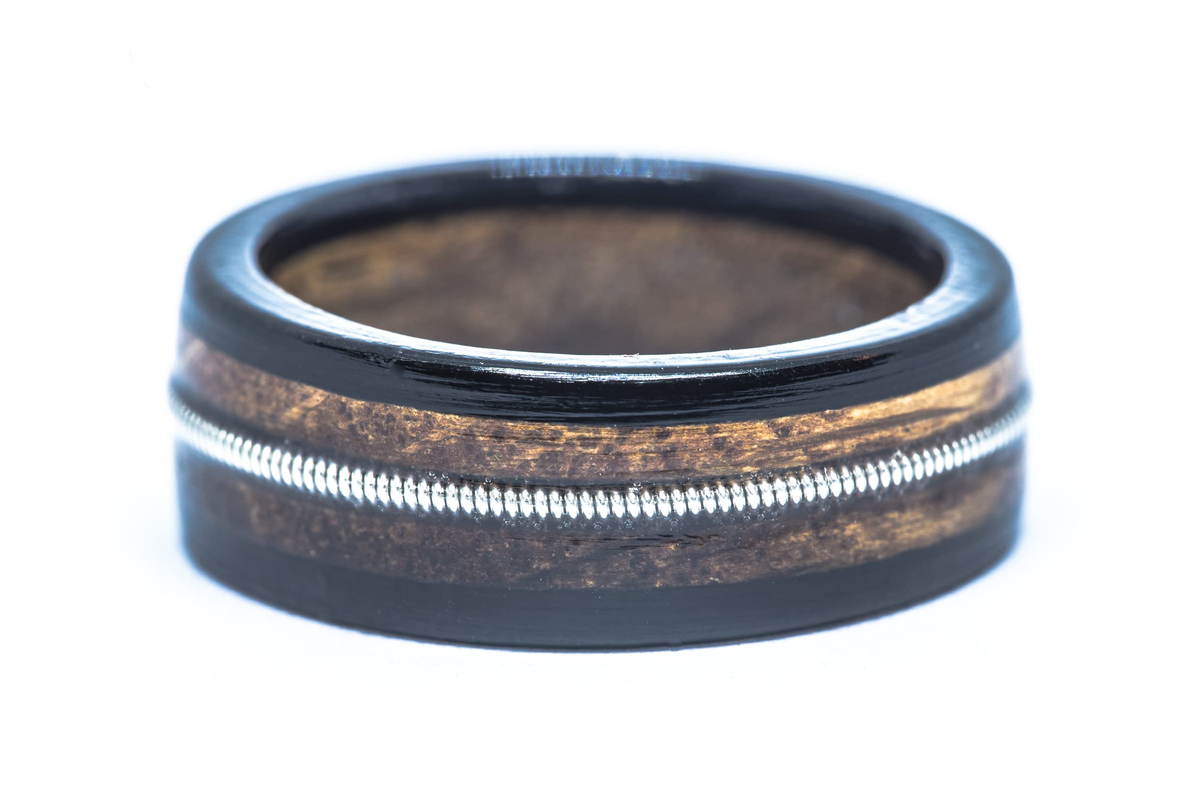 Handmade Whiskey Barrel Guitar String Ebony Wood Ring for Men - Unique Rustic Wedding Band, Anniversary Gift for Him - Perfect for Musicians, Bourbon Lovers & Outdoor Enthusiasts