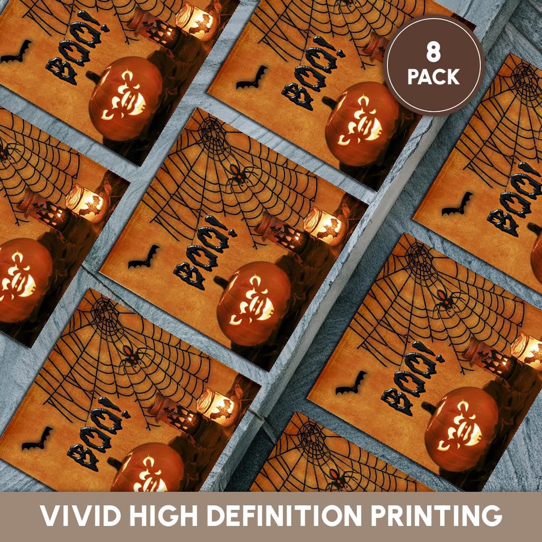 Boo Jack-O-Lantern Halloween Ceramic Tile Coasters Set of 8 - Spooky Bats & Spiders Design - Perfect for Halloween Party Decor, Home Bar & Kitchen Use