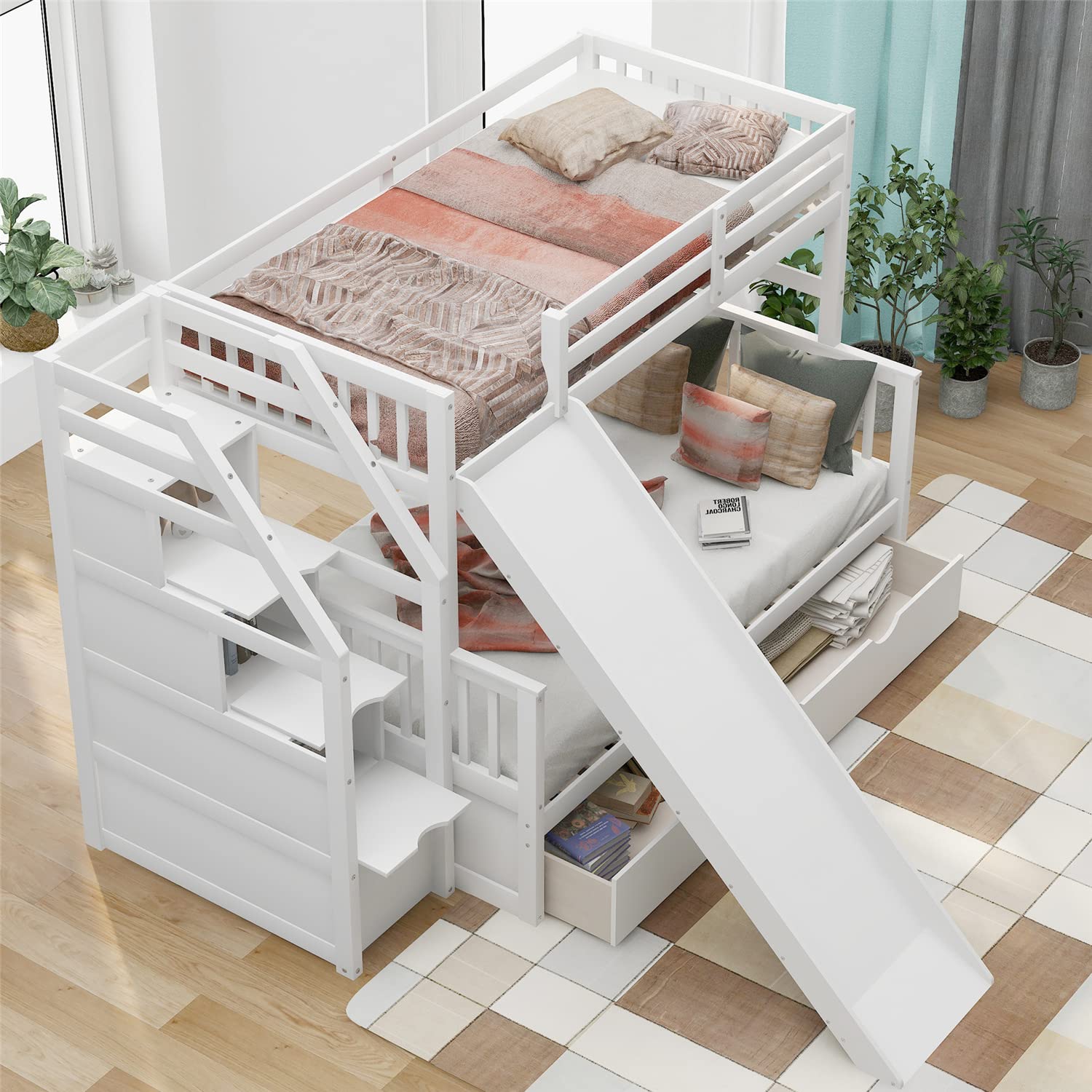 Twin Over Full Bunk Bed with Slide & Storage - White Wooden Bunk Bed for Kids' Bedroom