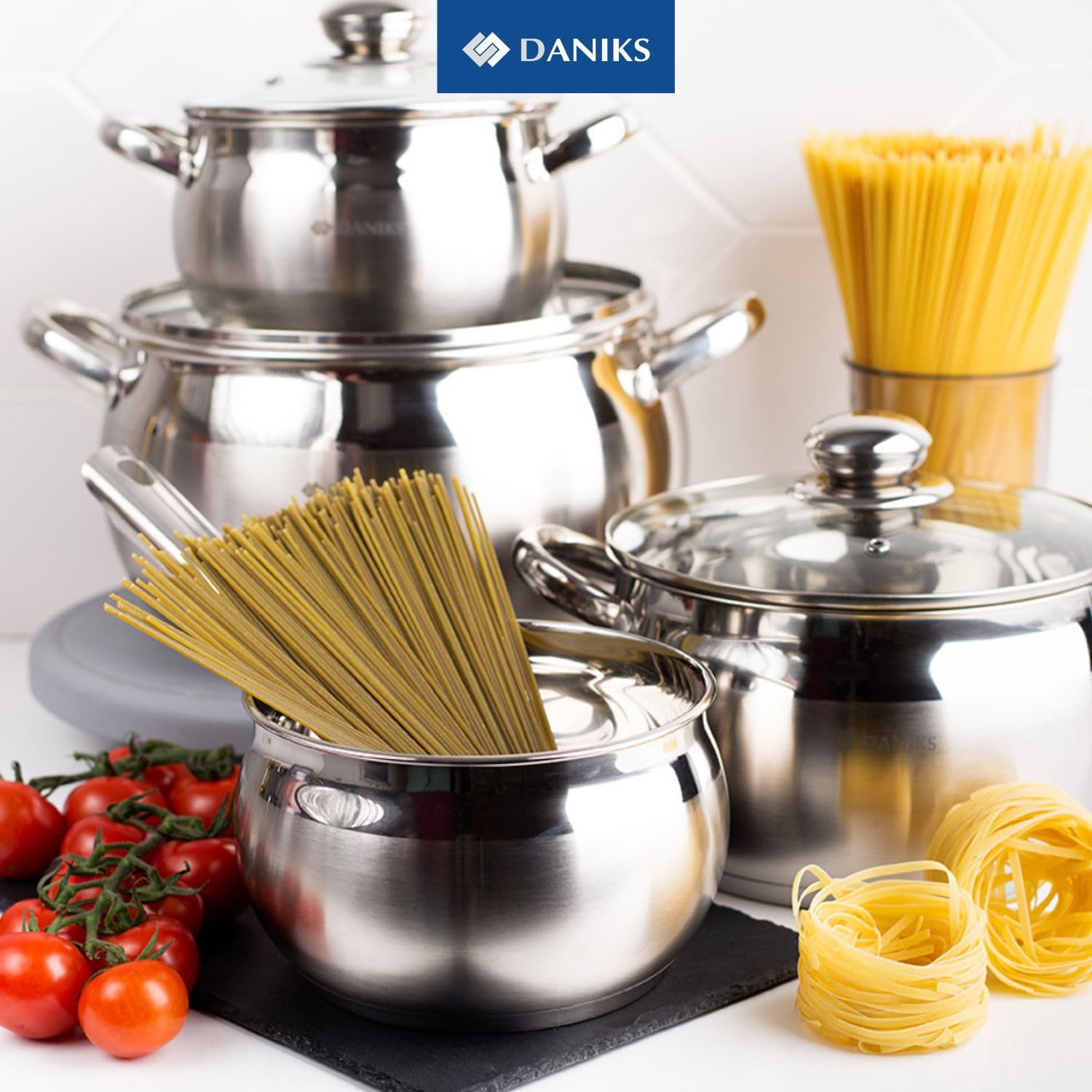 Daniks Classic 6-Piece Stainless Steel Induction Cookware Set - Dishwasher Safe Pots with Lids & Measuring Scale, Silver | Perfect for Home Cooking, Kitchen Upgrades & Gift Giving