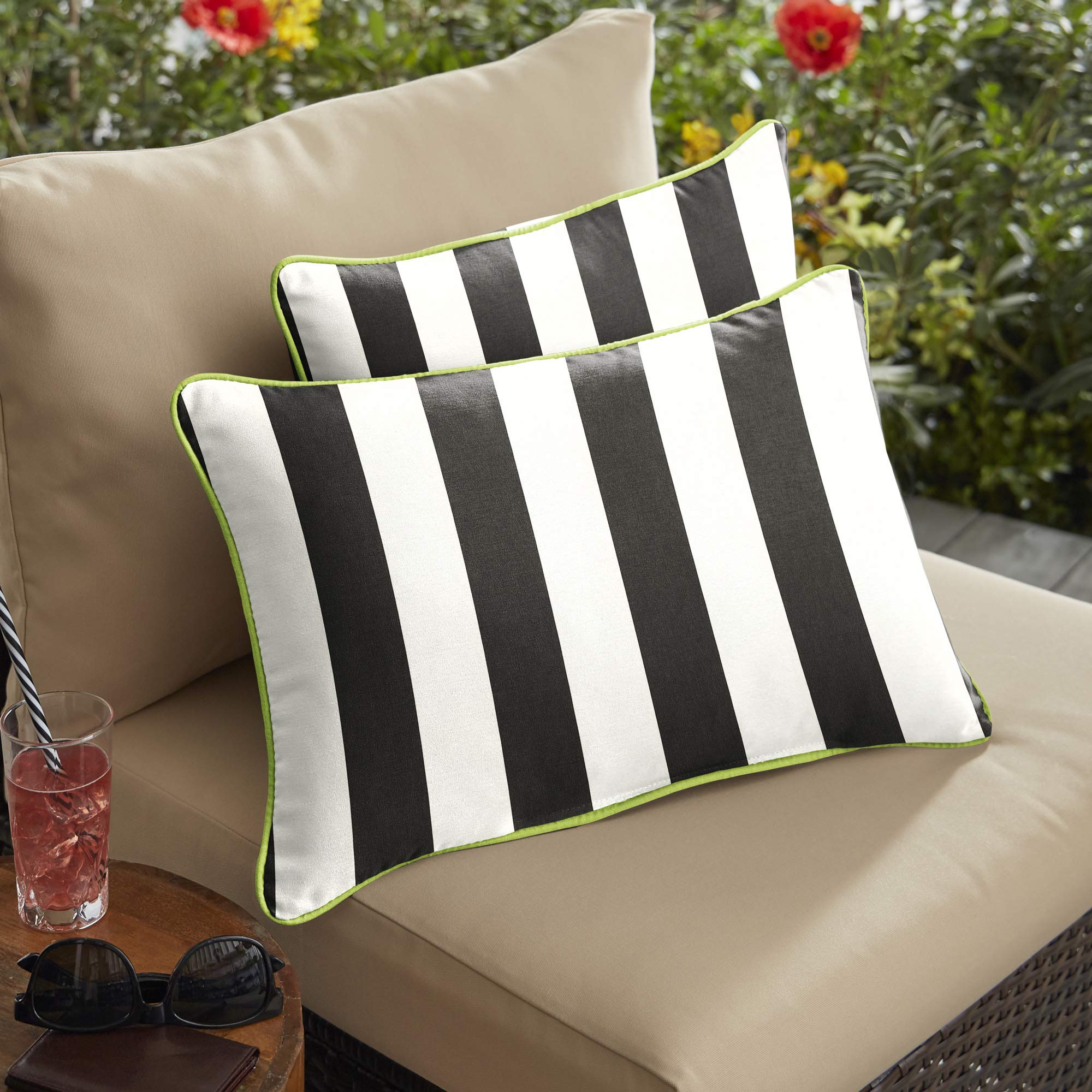 Set of 2 Black, Green & White Cabana Classic Canvas Macaw Outdoor Lumbar Pillows 13x20 Inches - Perfect for Patio, Poolside & Garden Decor