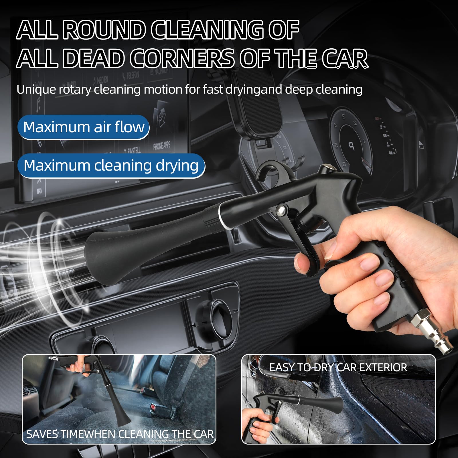 High Pressure Car Cleaning Gun - Detailing Air Blow Gun for Interior & Exterior, Car Dryer & Dust Blower with Nozzle & Detailing Brush - Compatible with Air Compressor - Perfect for Auto Detailing, Washing, and Quick Drying