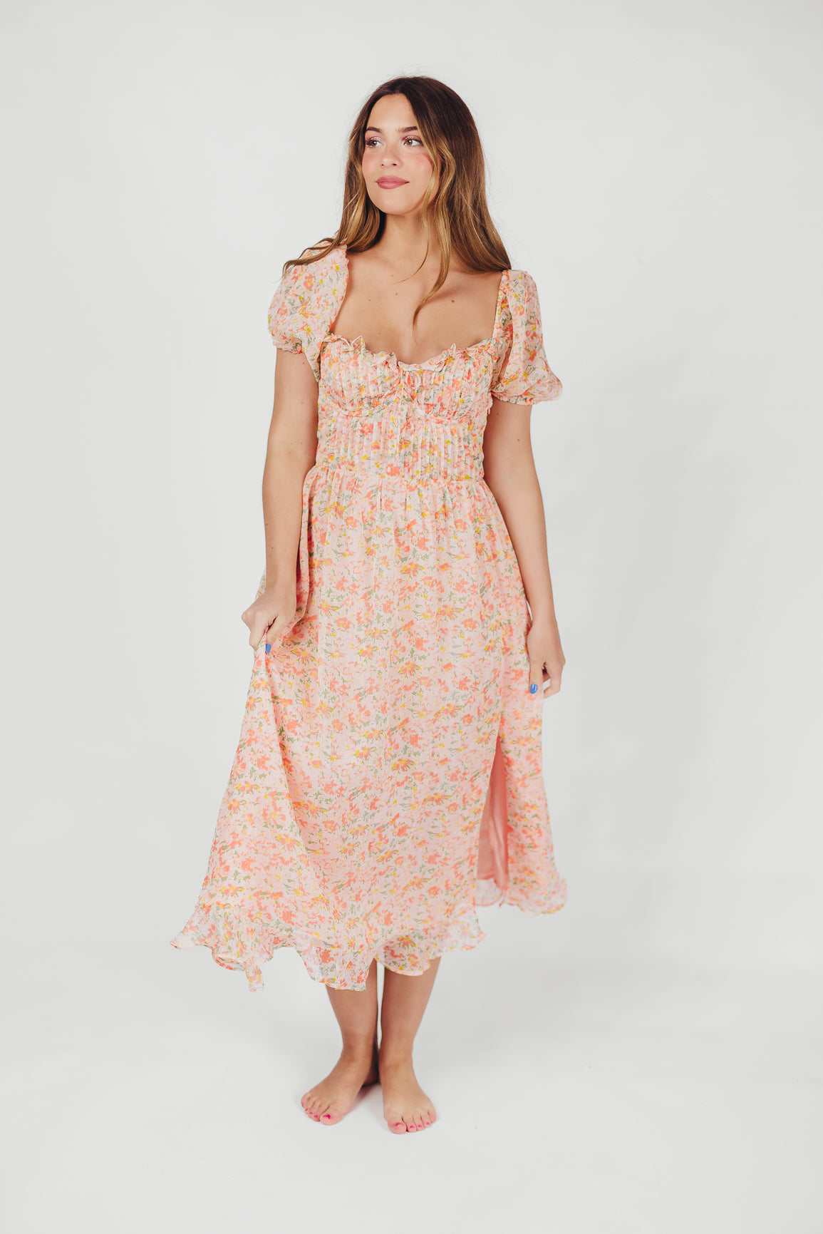 Lunaria Pleated Bustier Midi Dress - Floral Orange Summer Dress for Women | Perfect for Weddings, Parties & Date Nights