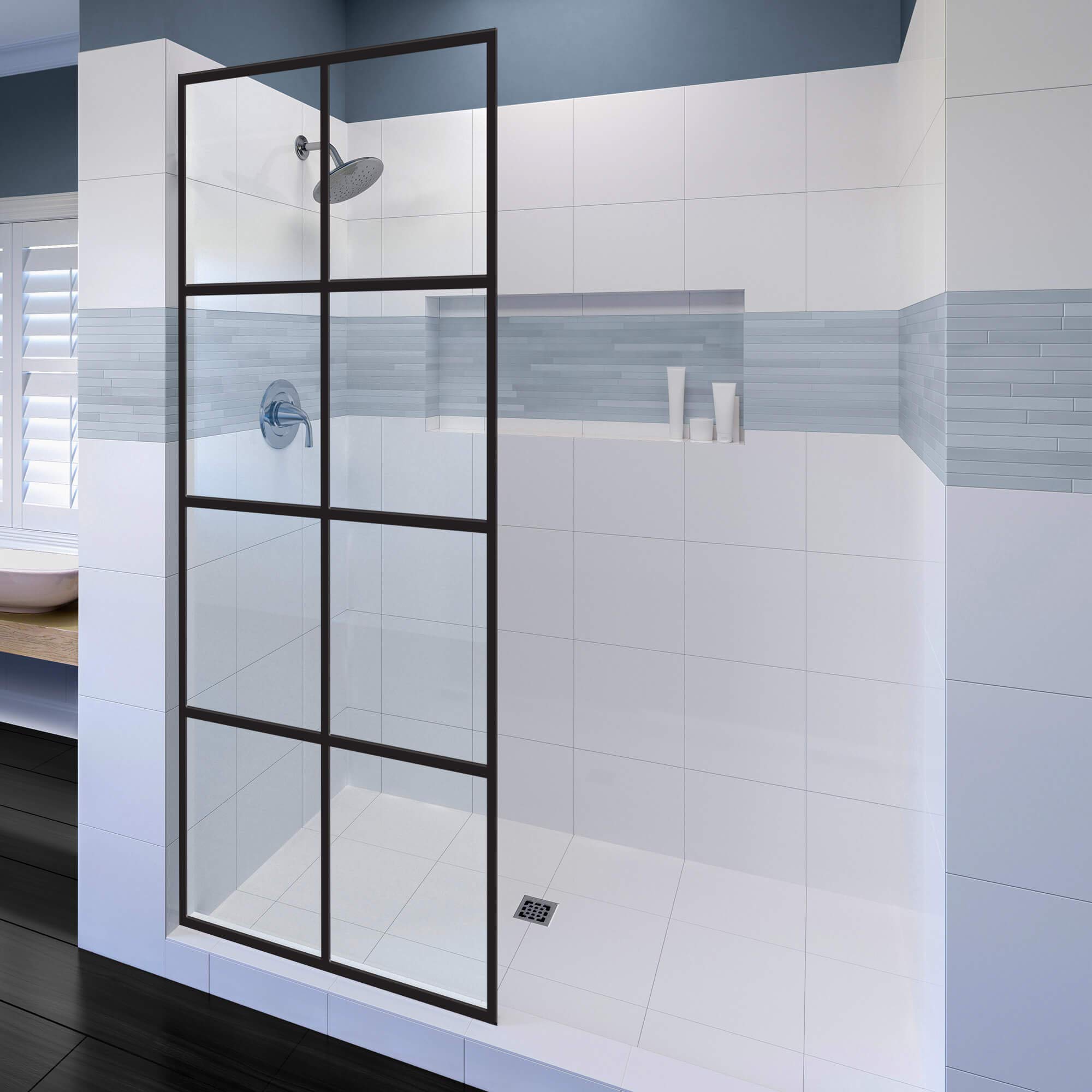 French Style Grid Pattern Glass Shower Door 30x76 Inch - Matte Black Frameless Bathroom Door | Madeira Collection by Fab Glass & Mirror | Perfect for Modern Bathroom Renovations & Spa-Like Showers