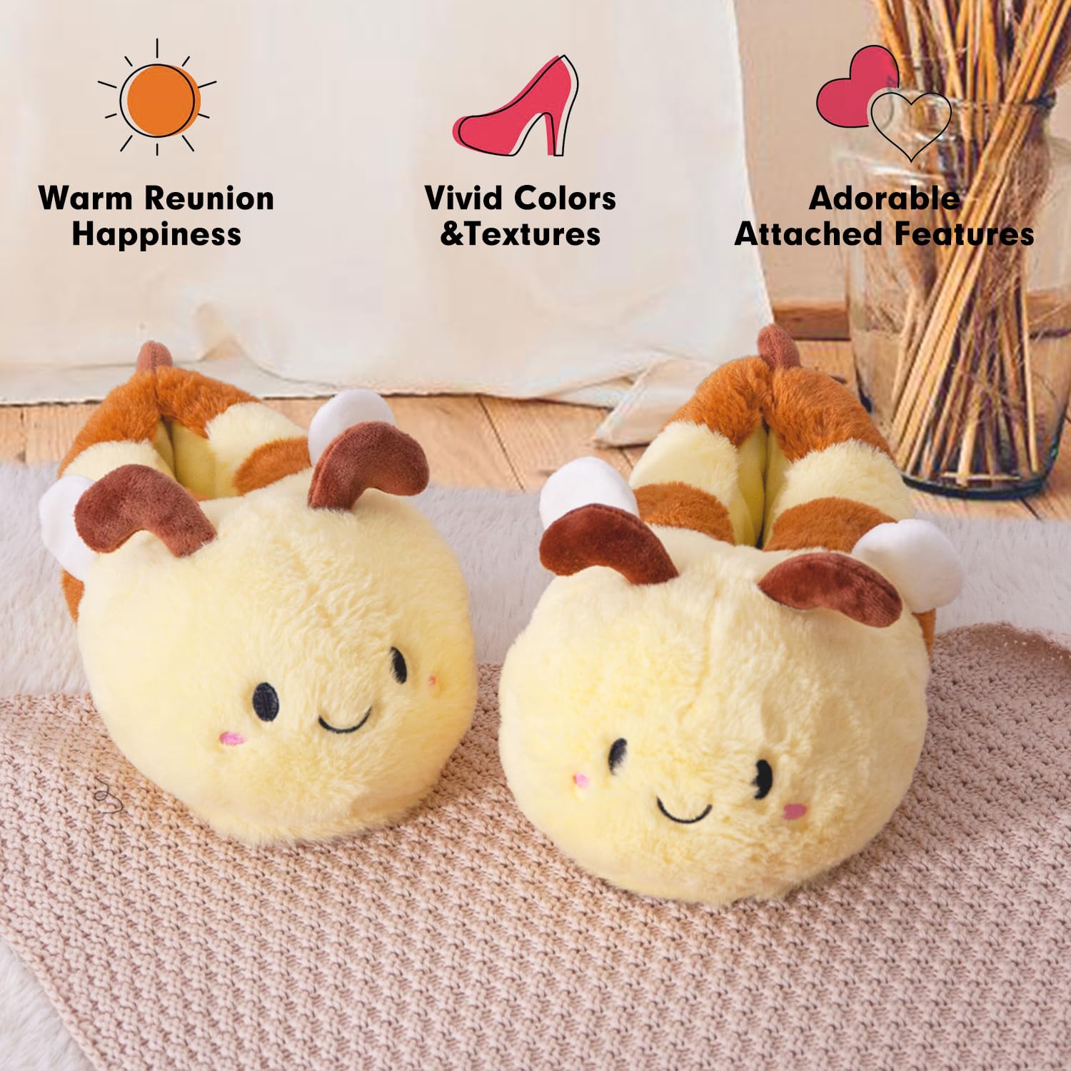 Women's Cute Bee Animal Slippers - Fuzzy & Cozy Bumblebee House Shoes for Winter - Soft Warm Novelty Slippers for Indoor Comfort & Funny Gift Ideas